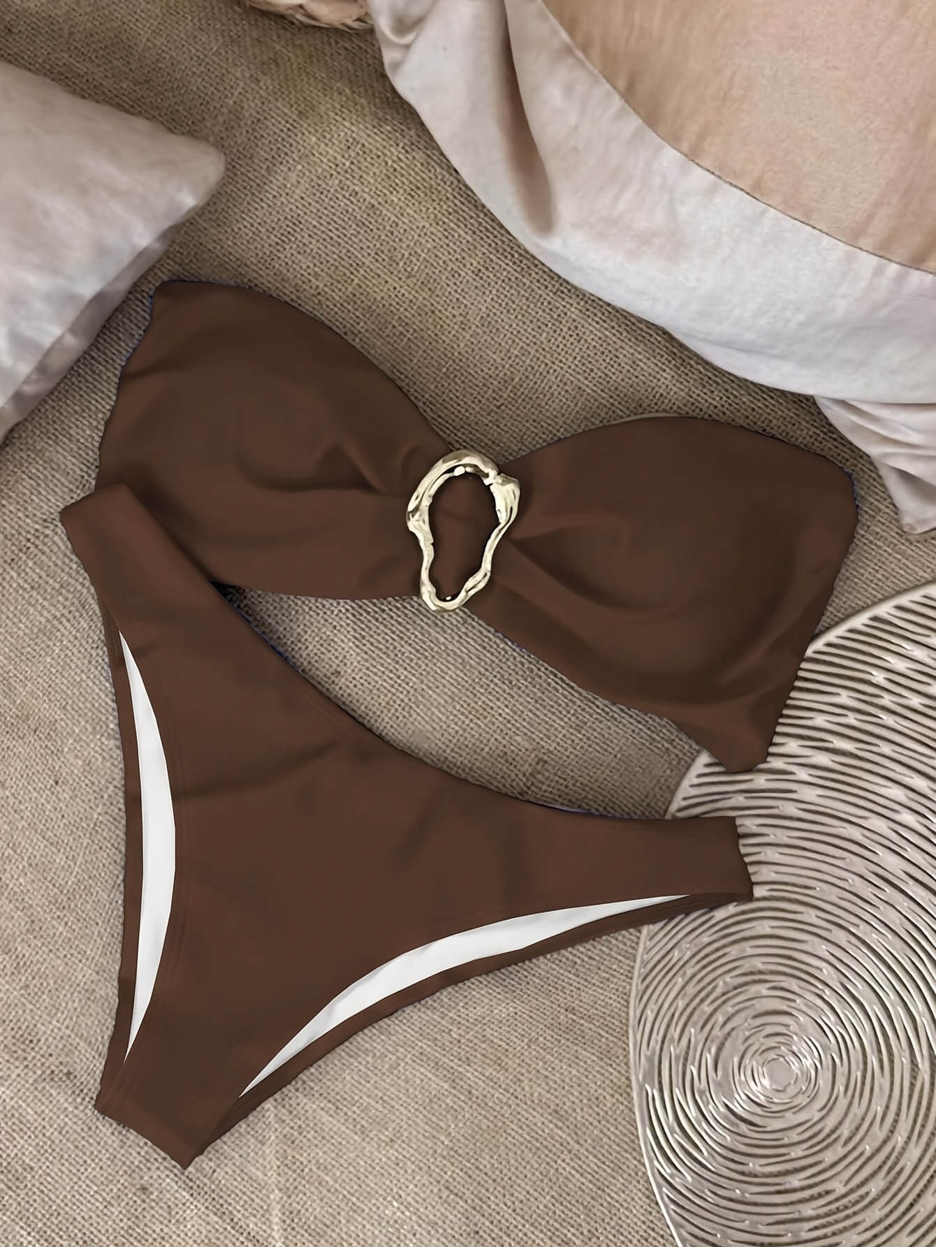 2 Piece Bandeau Bikini Set Strapless Top with Irregular Gold Ring | Beacheers
