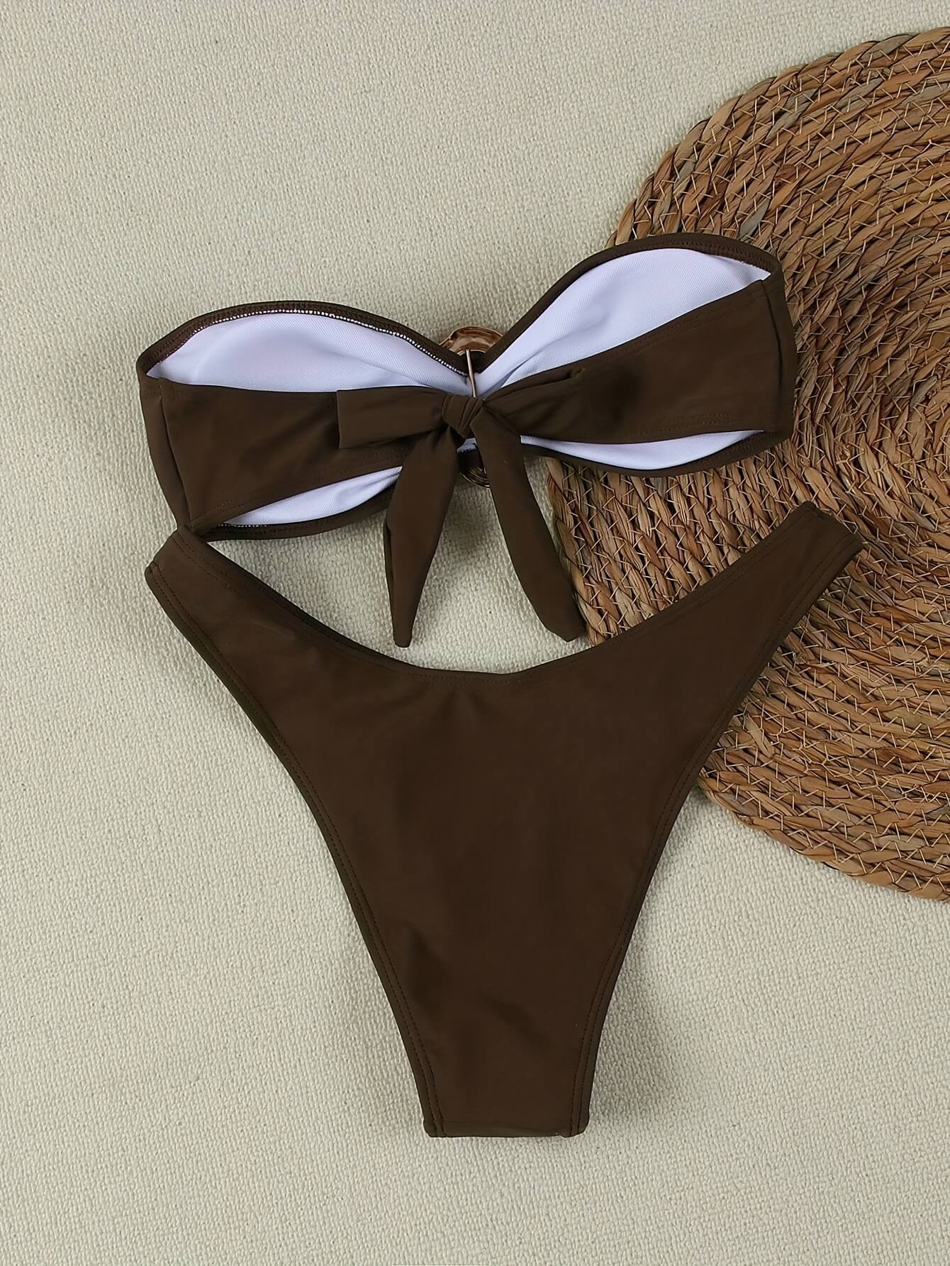 2 Piece Bandeau Bikini Set Strapless Top with Irregular Gold Ring | Beacheers