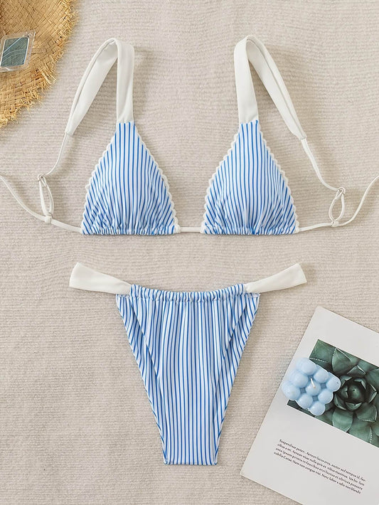 Striped Halter Triangle Bikini Set