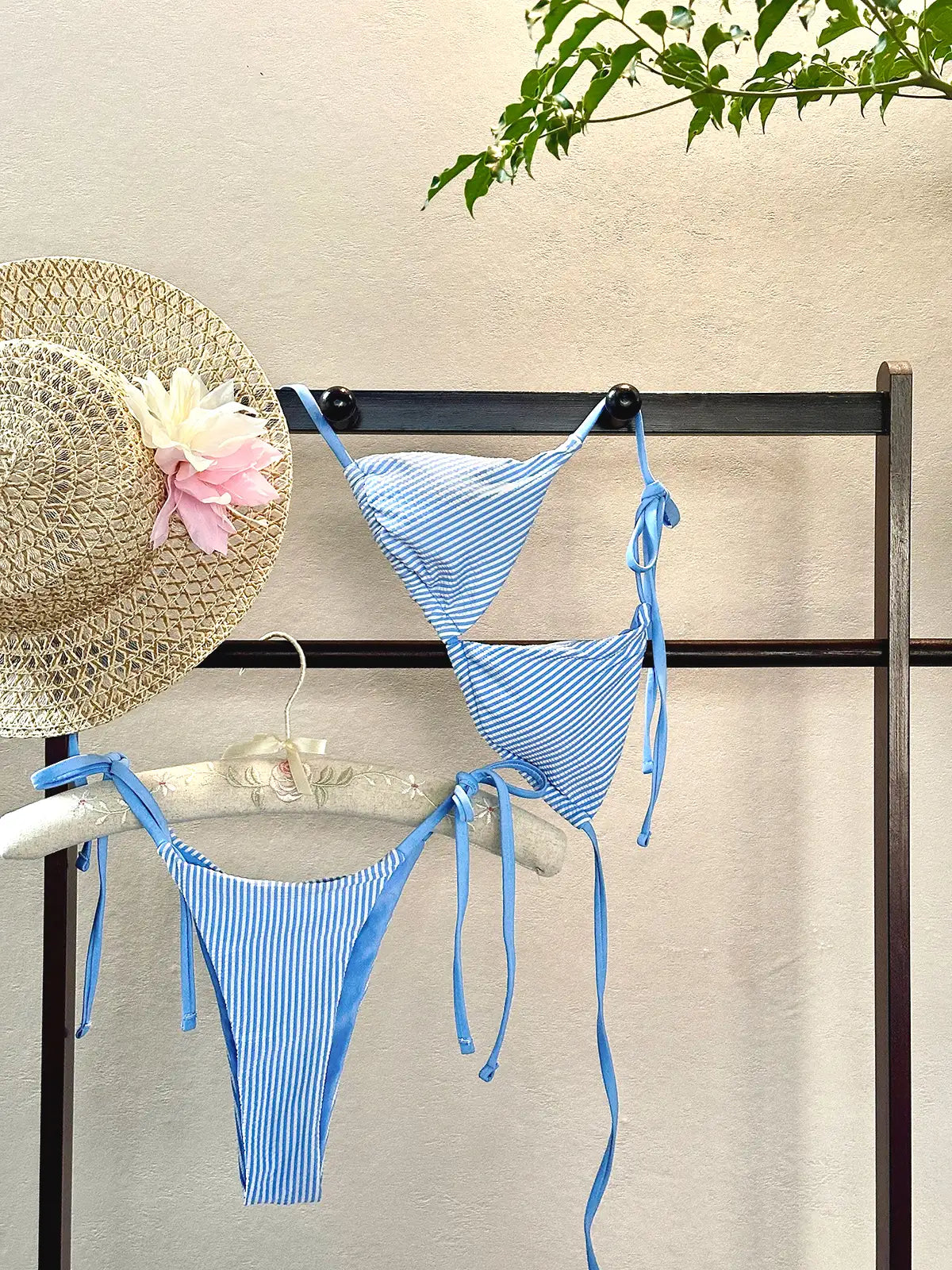 Zara Crinkle Stripe Halter Side Tie Bikini Set