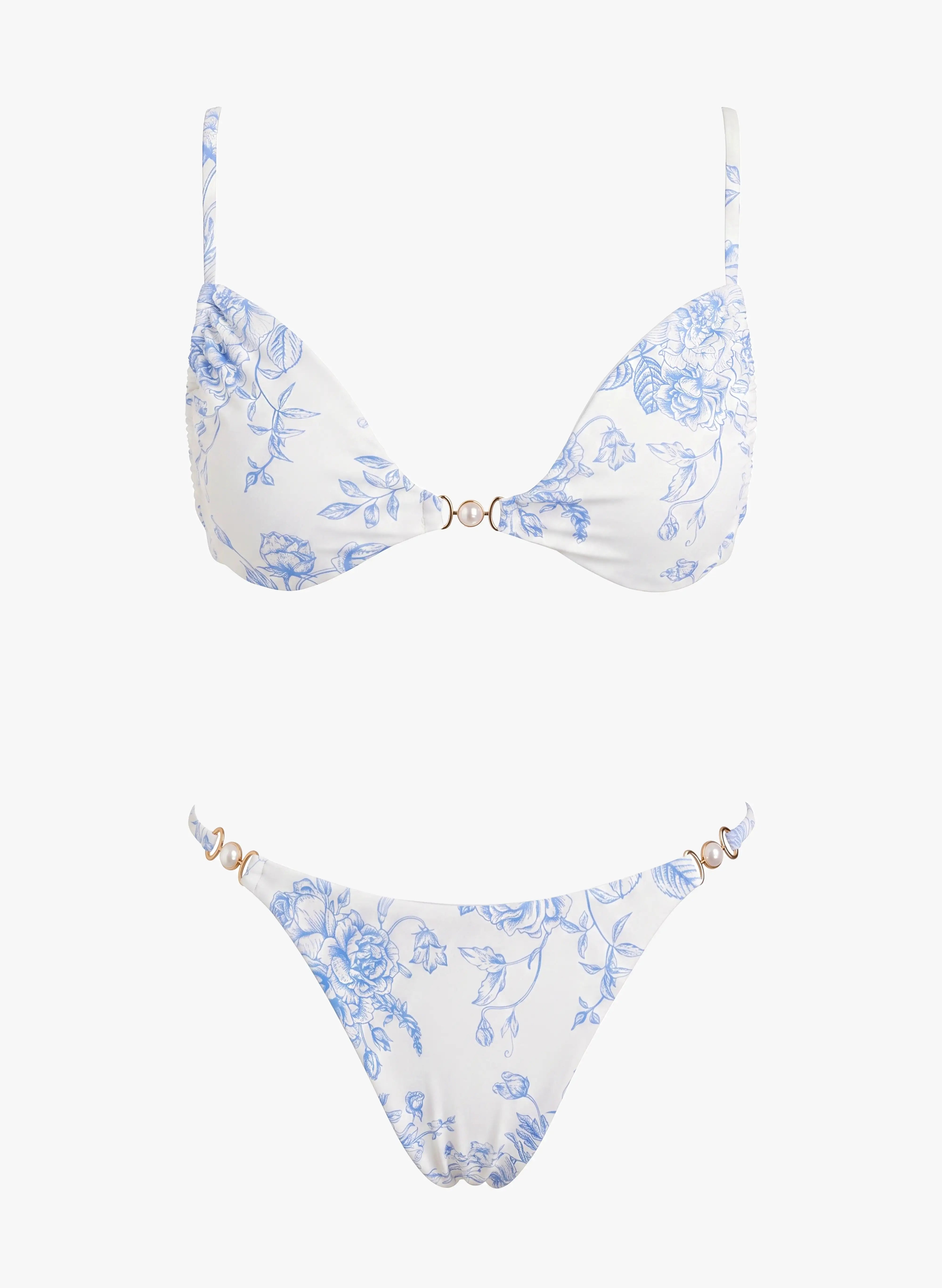 2pcs Ditsy Floral Twist Front Side Pearl Button Thong Bikini Set