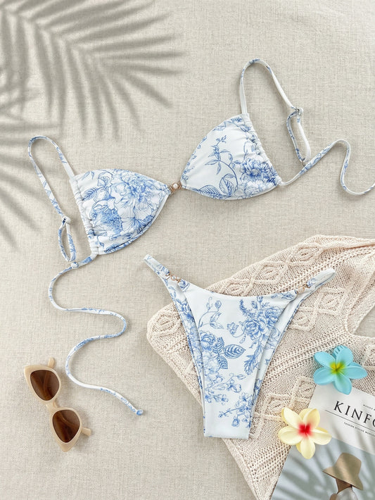 2pcs Ditsy Floral Twist Front Side Pearl Button Thong Bikini Set|Beacheers