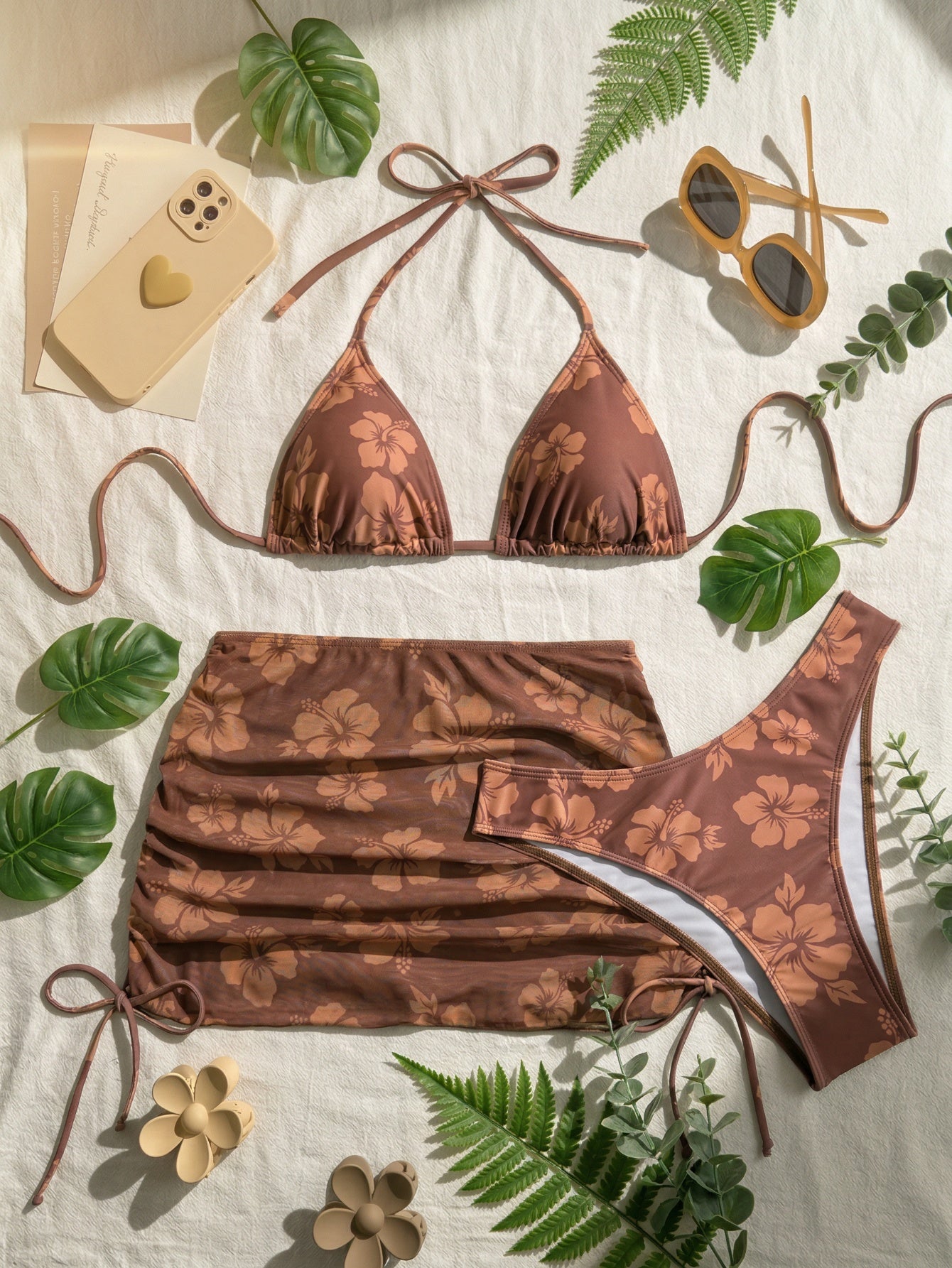 3 Piece Floral Bikini Set with High Cut Bottom and Ruched Cover Up Skirt Swimsuit | Beacheers