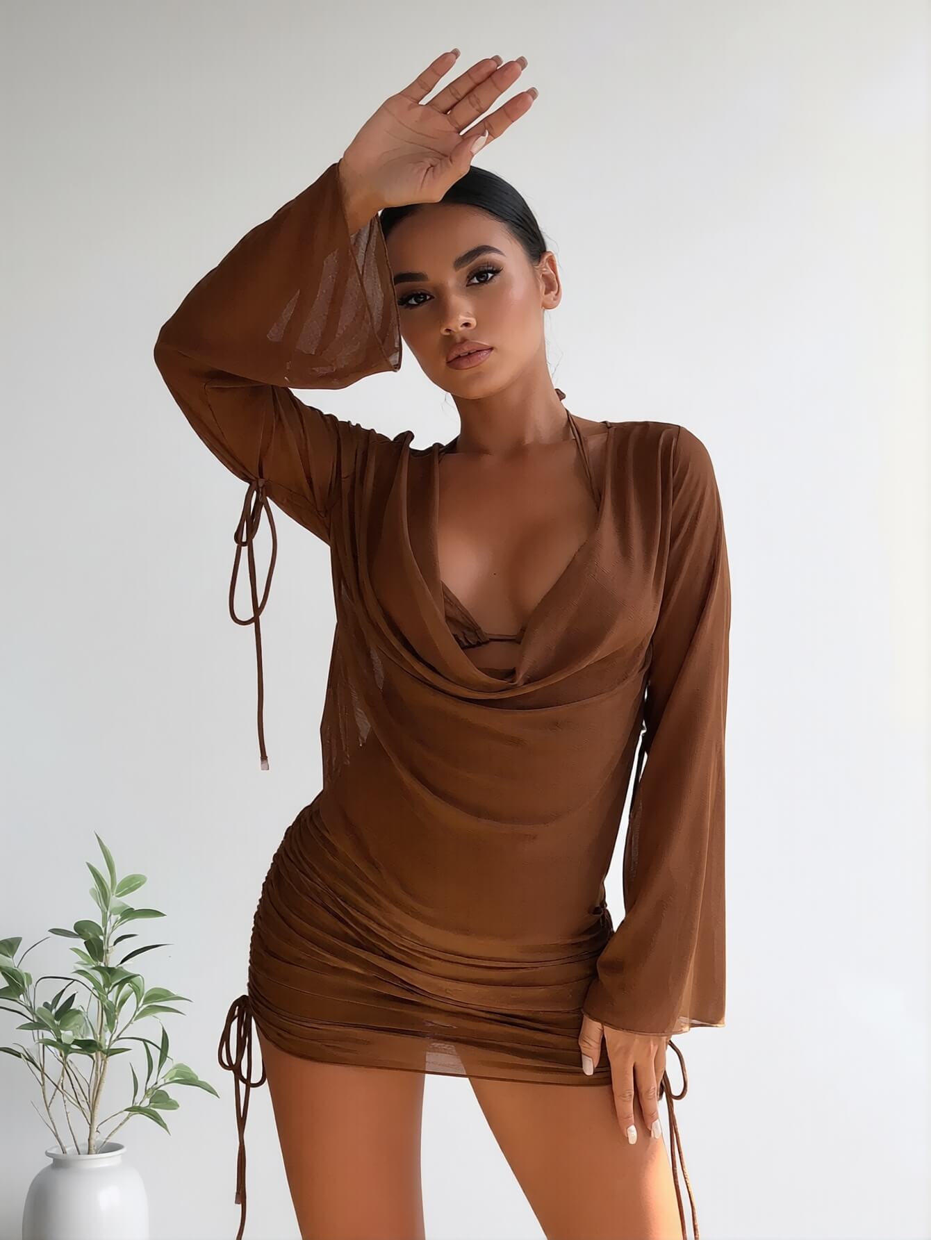 3 Piece Swimsuit Halter Bikini Set with Cowl Neck Mesh Cover Up Dress | Beacheers