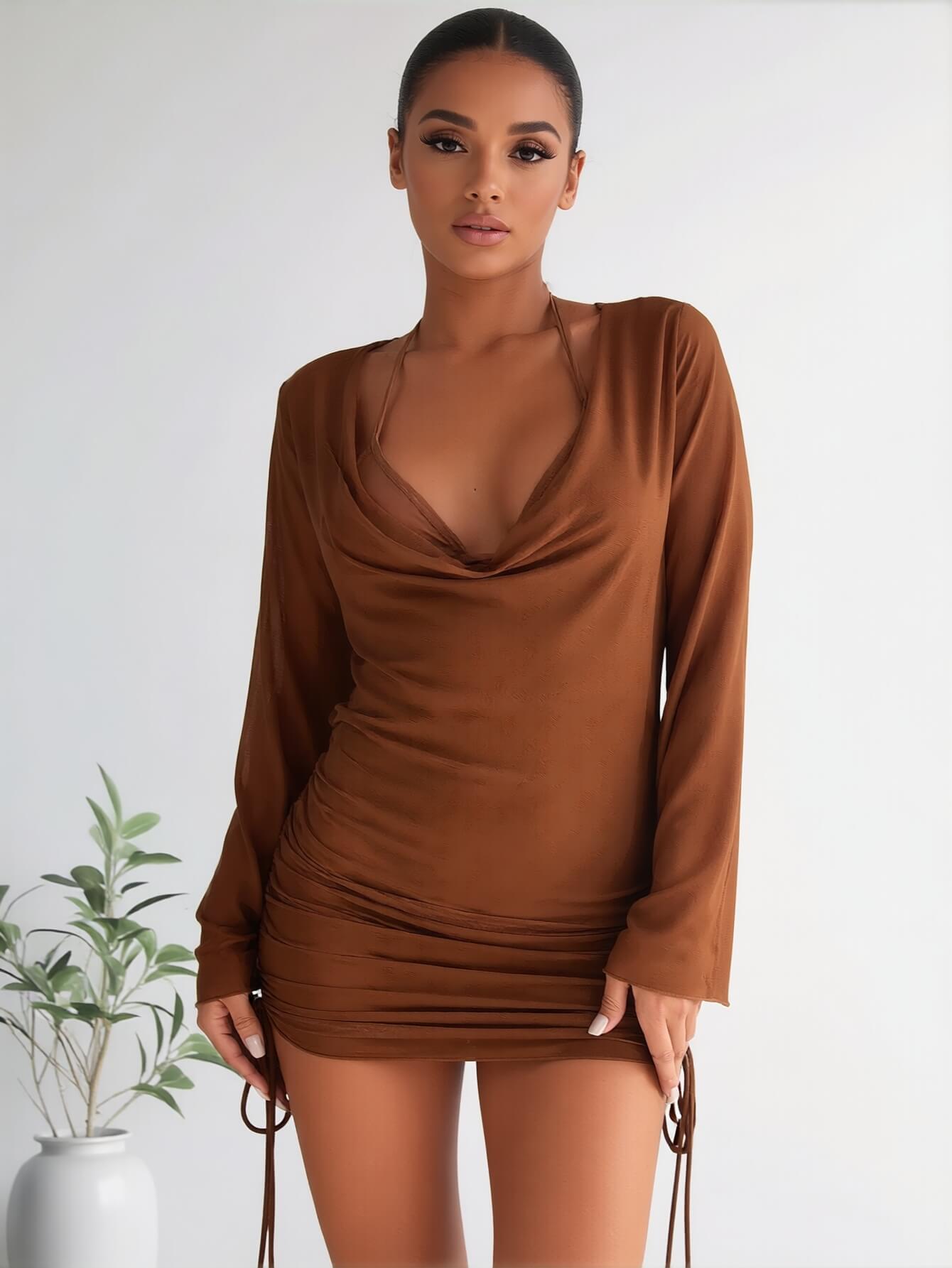 3 Piece Swimsuit Halter Bikini Set with Cowl Neck Mesh Cover Up Dress | Beacheers