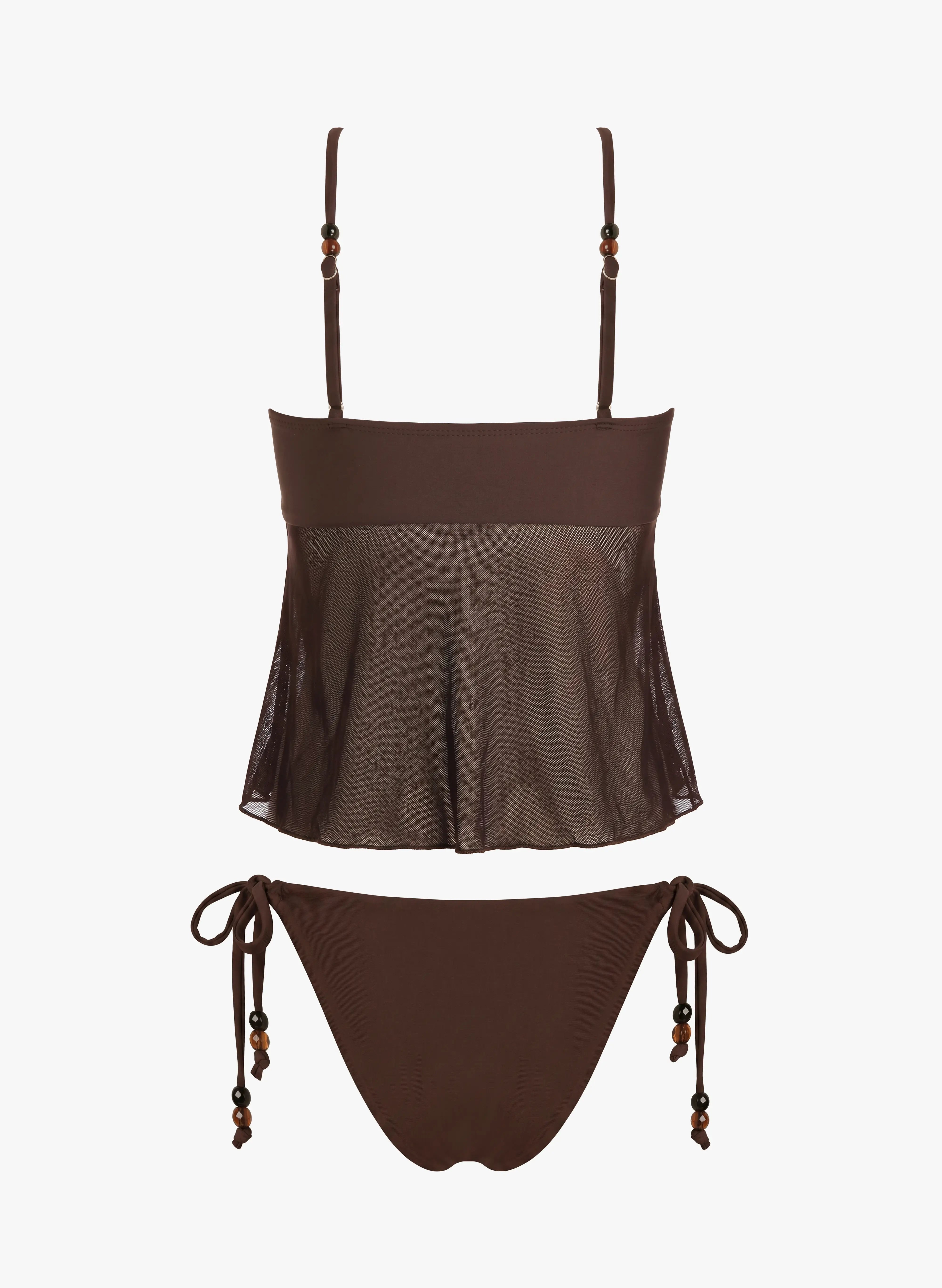 Amalfi Beaded Mesh Tankini Side‑Tie Bikini Set - Brown