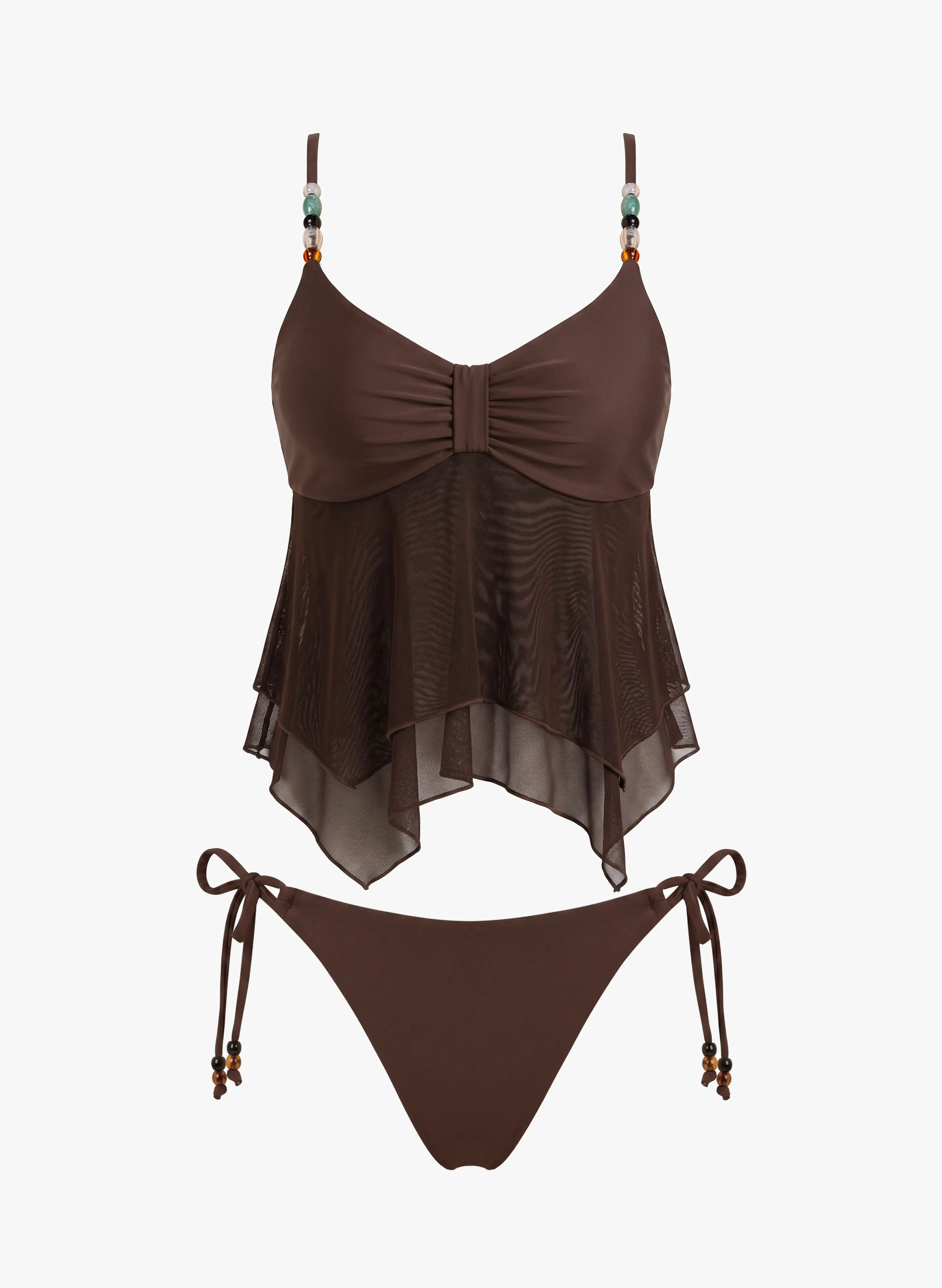Amalfi Beaded Mesh Tankini Side‑Tie Bikini Set - Brown