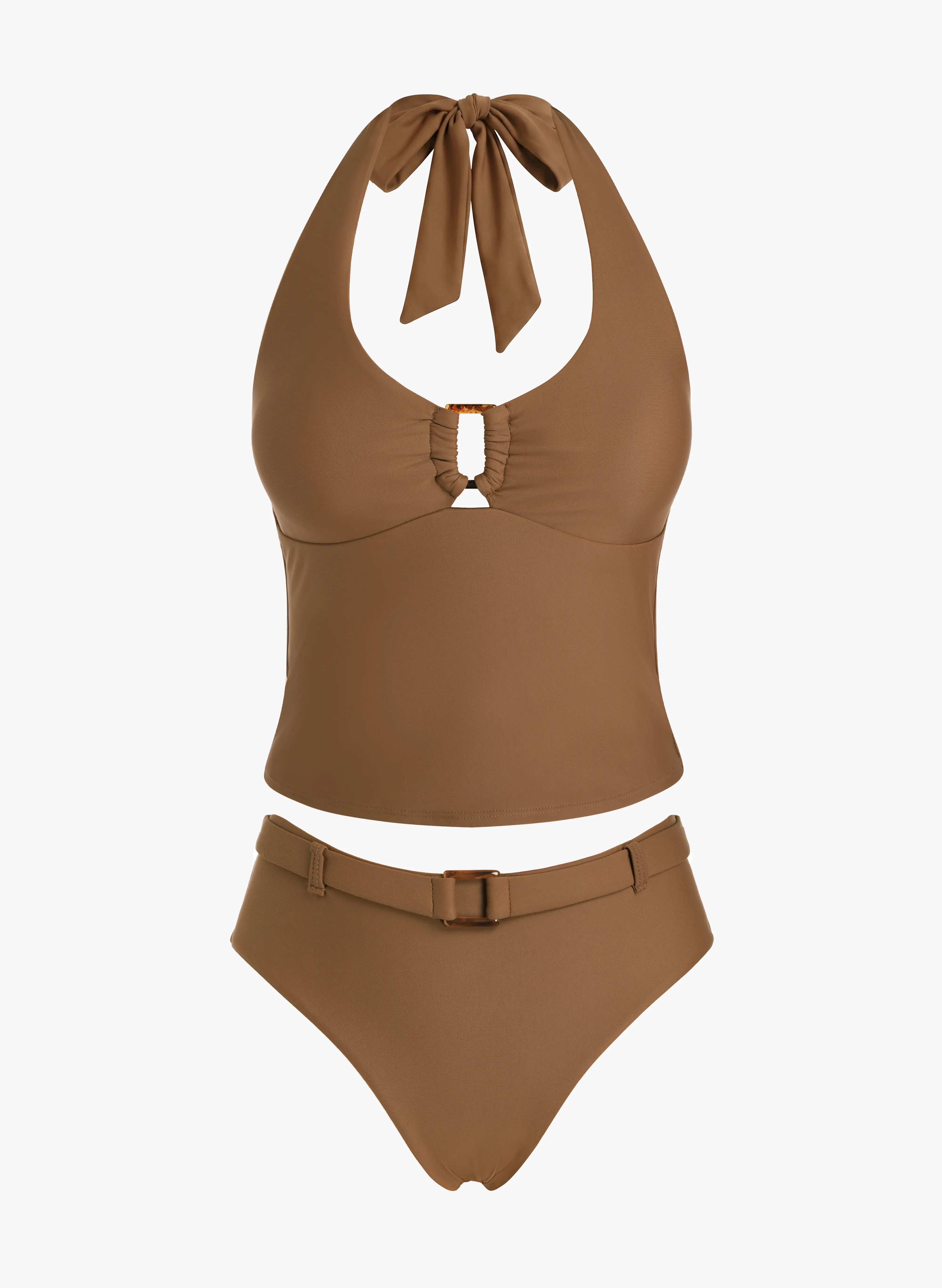 Amalfi Halter Cutout Belted High Waist Tankini Set - Brown