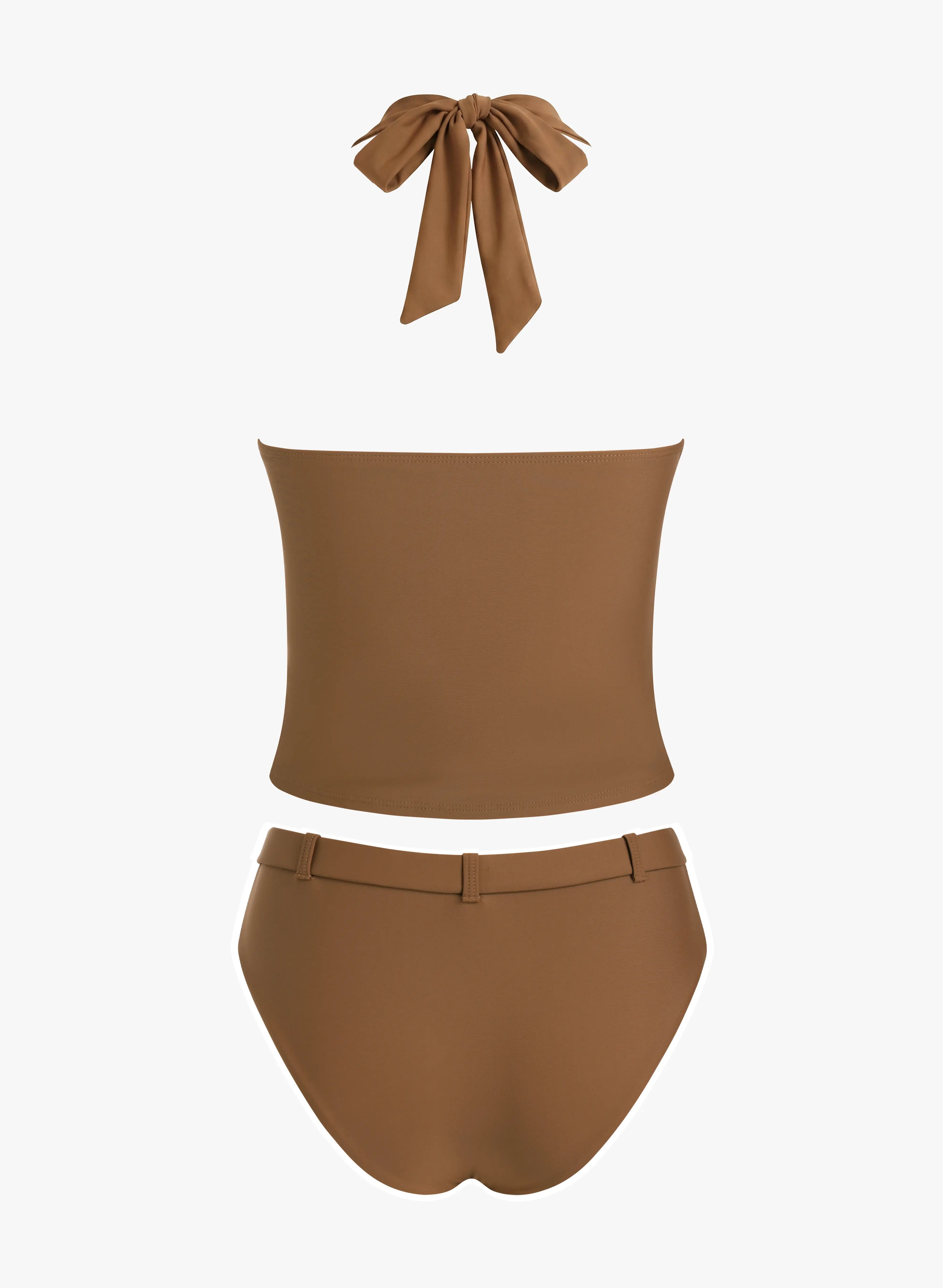 Amalfi Halter Cutout Belted High Waist Tankini Set - Brown