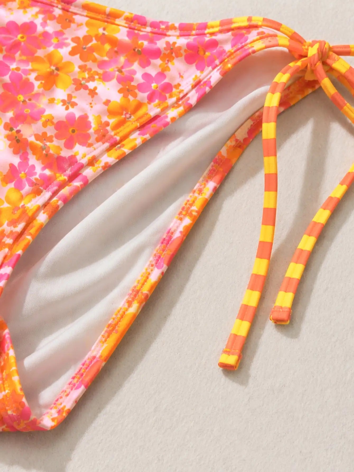 Bali Ditsy Floral Striped Tie Triangle Bikini Set - Peach Orange