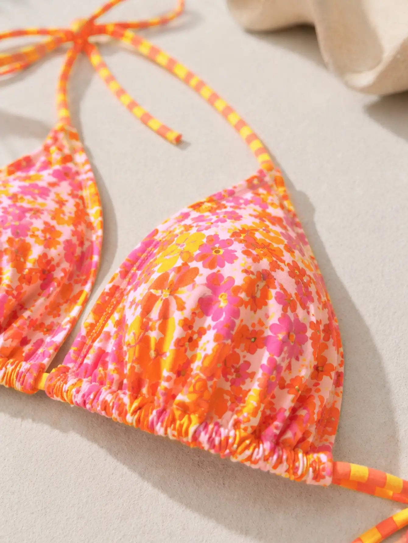 Bali Ditsy Floral Striped Tie Triangle Bikini Set - Peach Orange