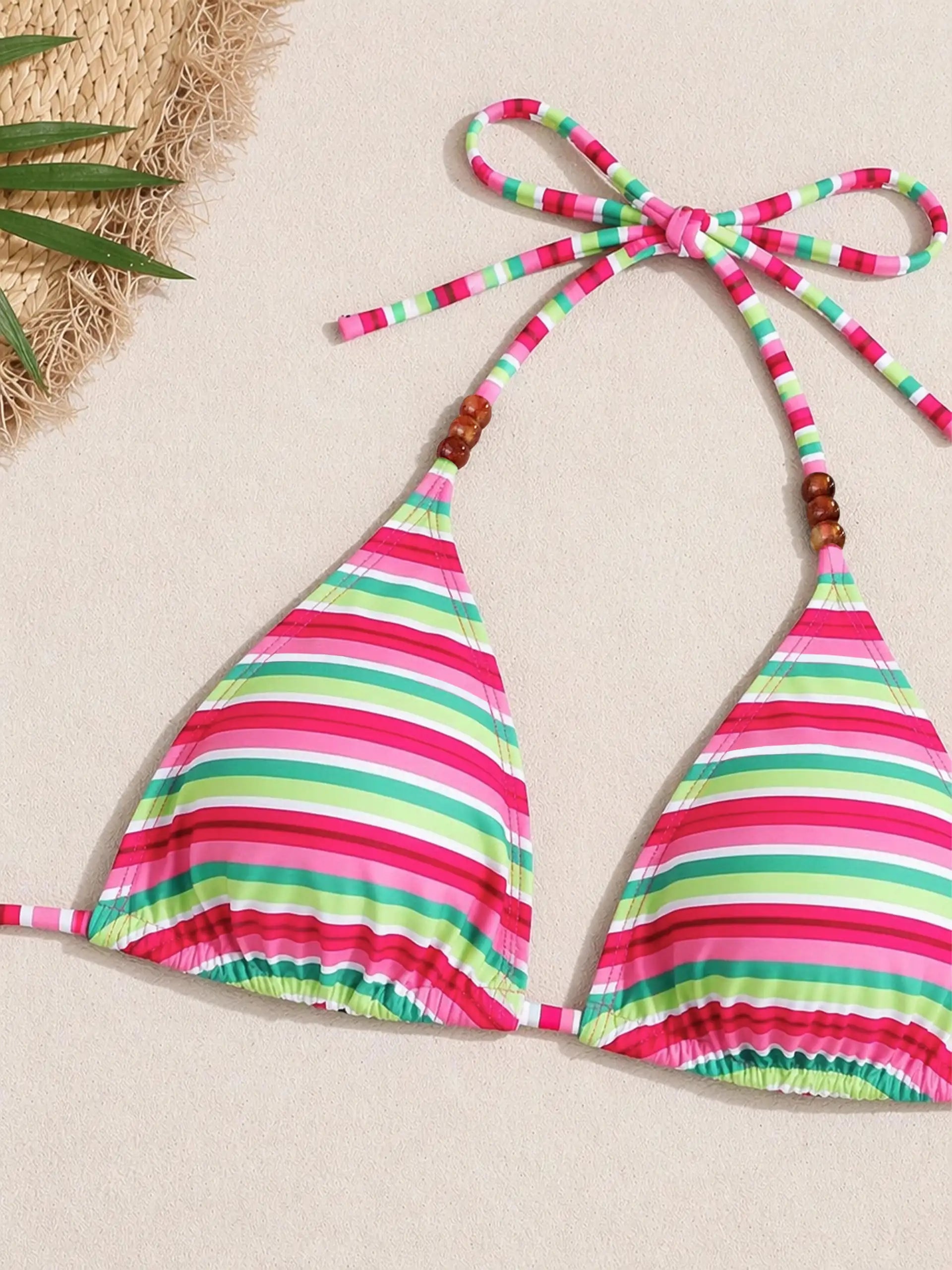 Barbados Bead Halter High Cut Bikini Set - Tropical Candy Stripe