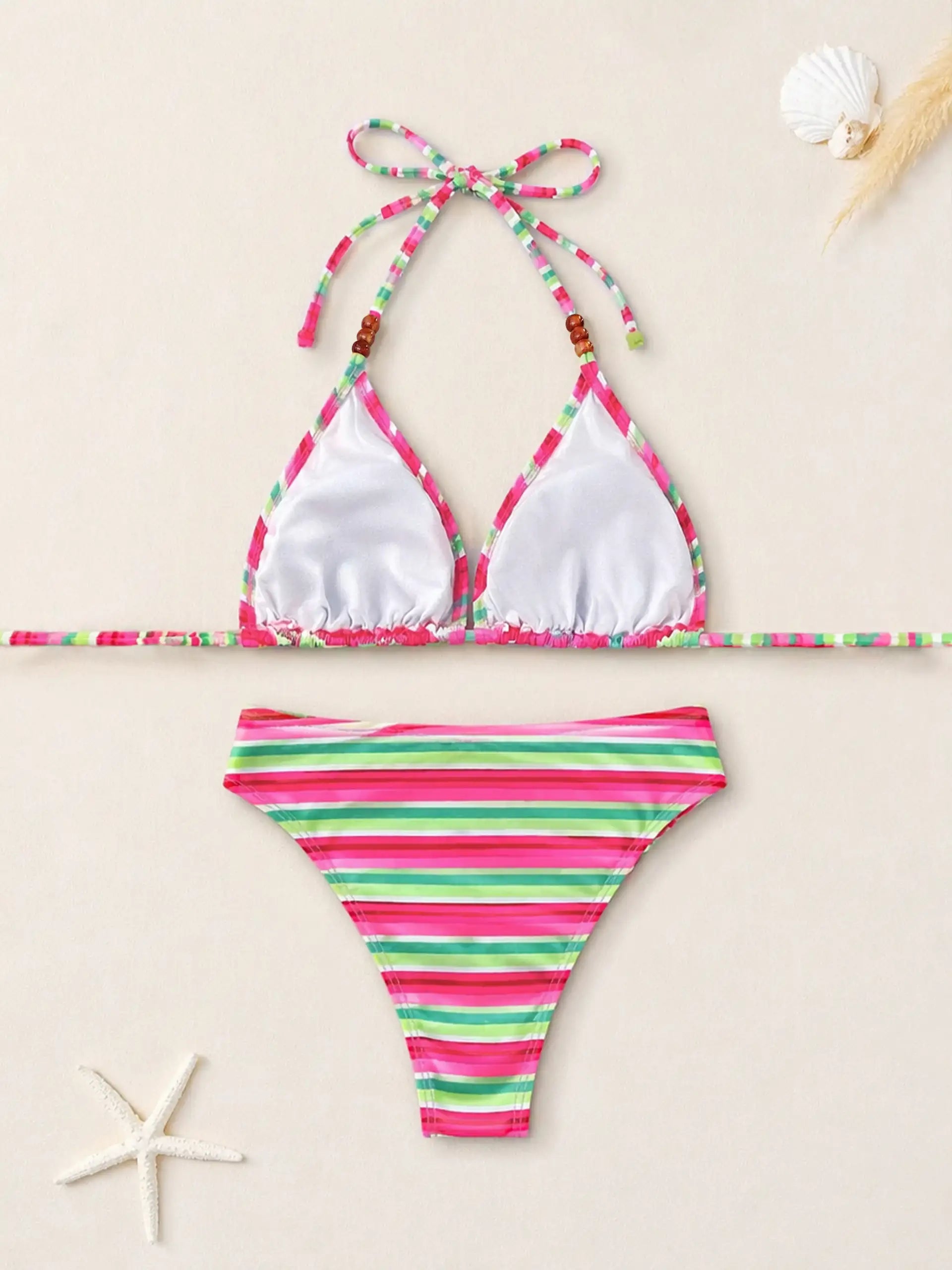 Barbados Bead Halter High Cut Bikini Set - Tropical Candy Stripe