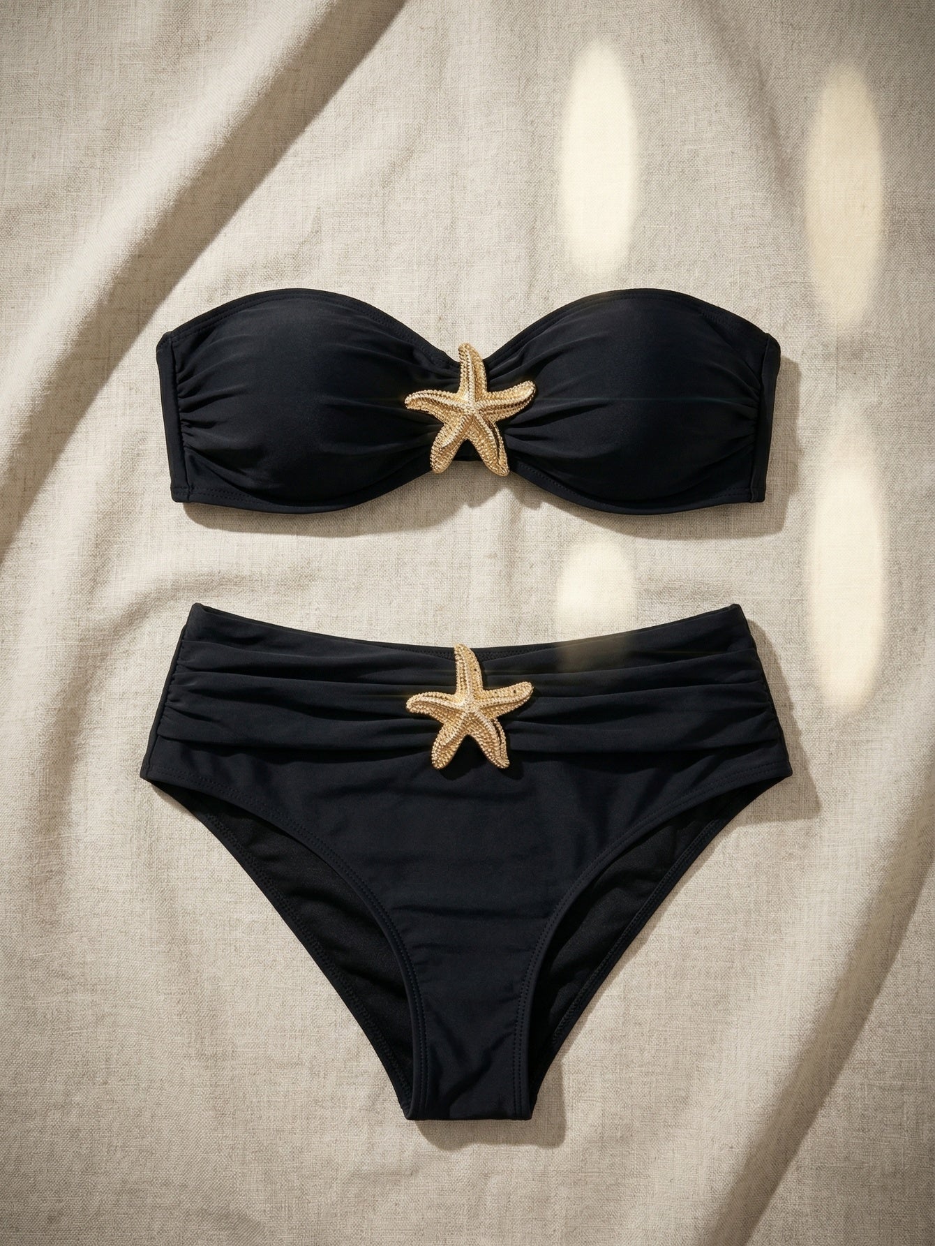 Black Strapless Starfish Decor Halter Strap Bikini Sets | Beacheers