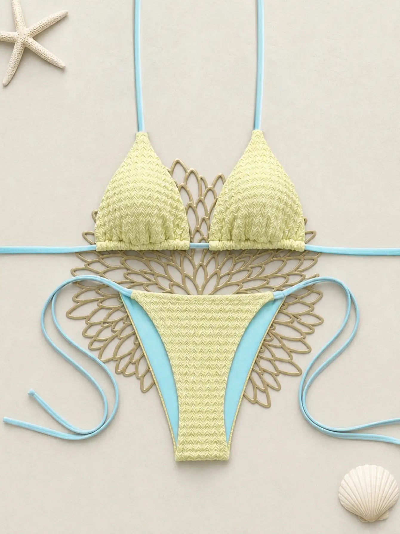 Blue Strap High Cut Tie-Side Bikini 2 Pieces Set