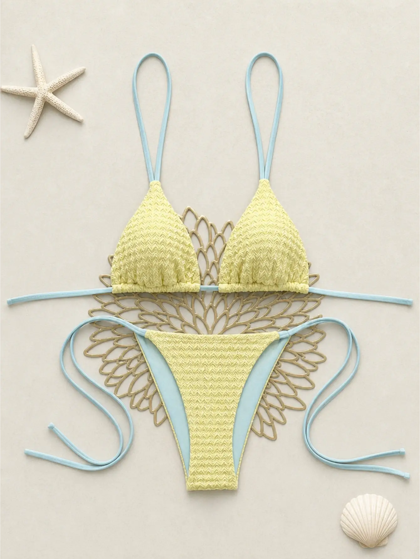 Blue Strap High Cut Tie-Side Bikini Swimwear 2 Pieces Set