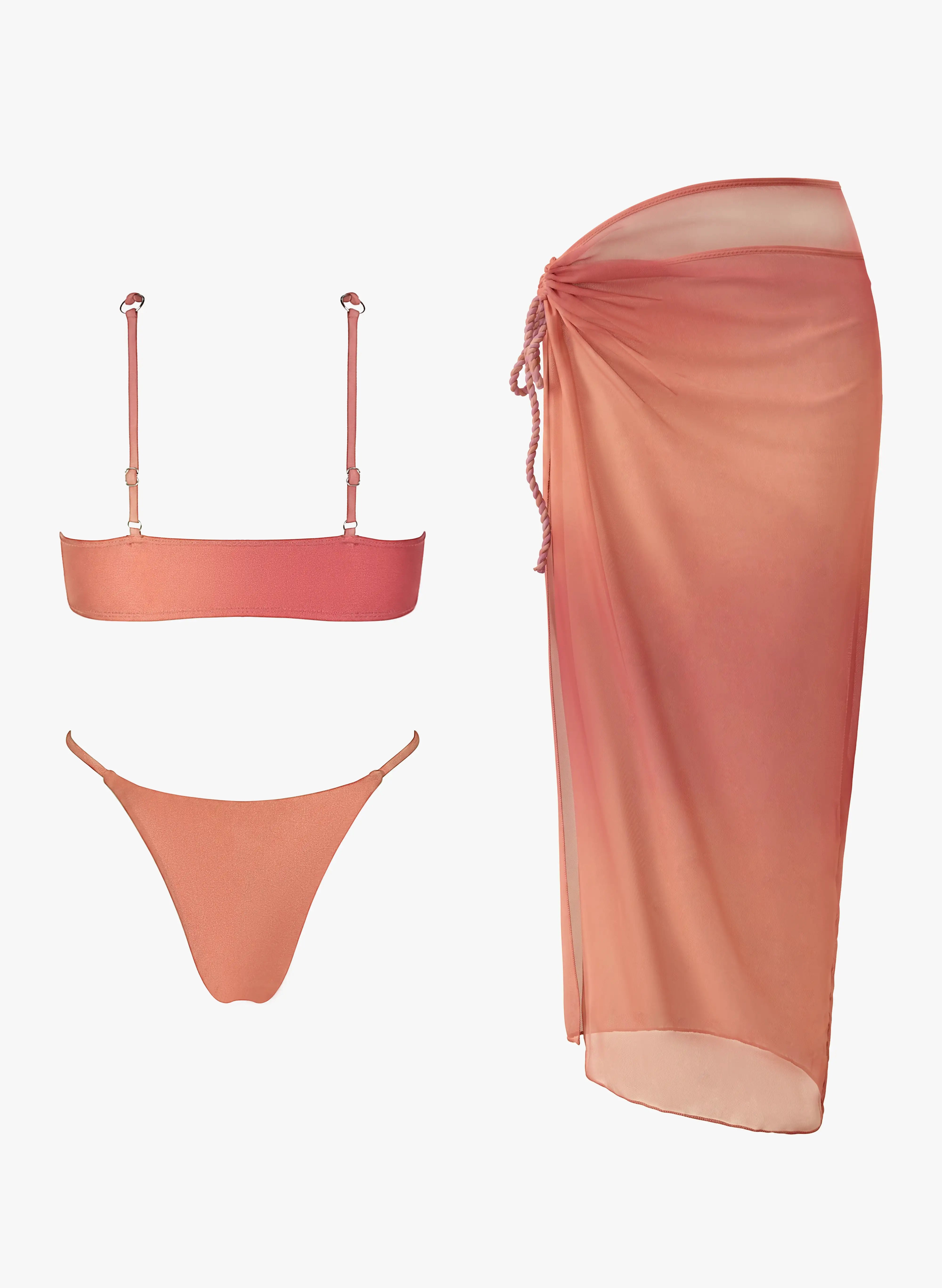 Braided Strap High Cut Bikini and Sheer Mesh Slit Maxi Skirt 3 Piece Swimsuit