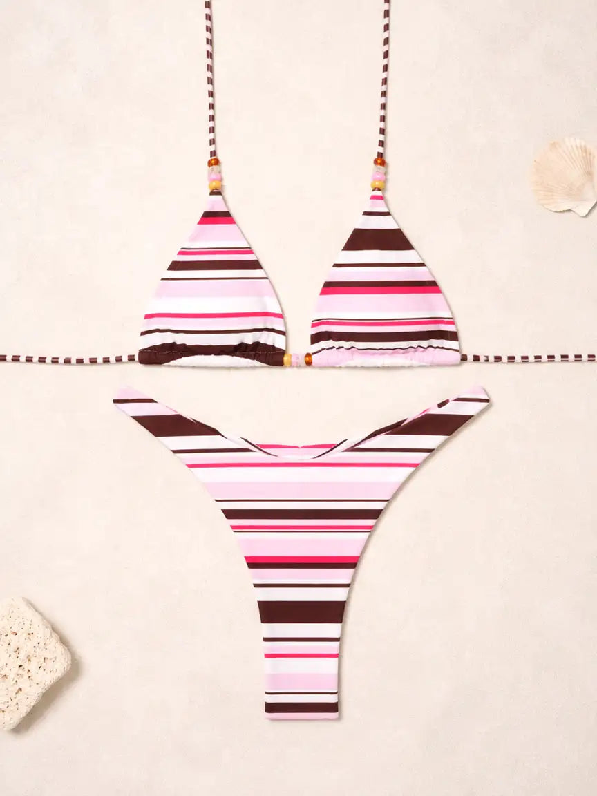 Capri Beaded Stripe Triangle Bikini Set - Pink