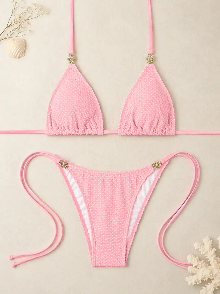 Capri Bubble Starfish Triangle Side Tie Bikini Set - Baby Pink