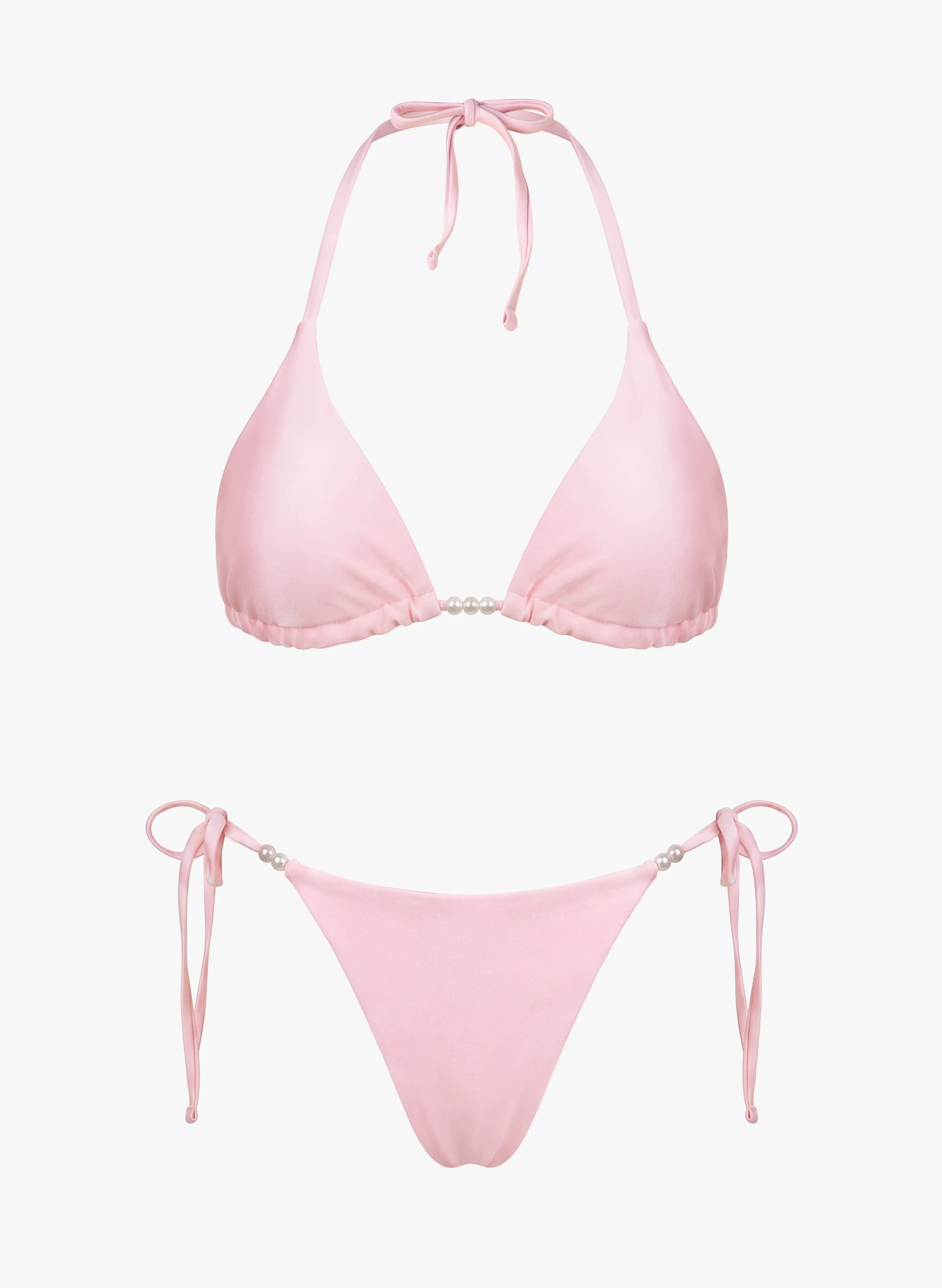 Capri Pearl Halter Triangle Bikini Set‑Satin Blush Pink