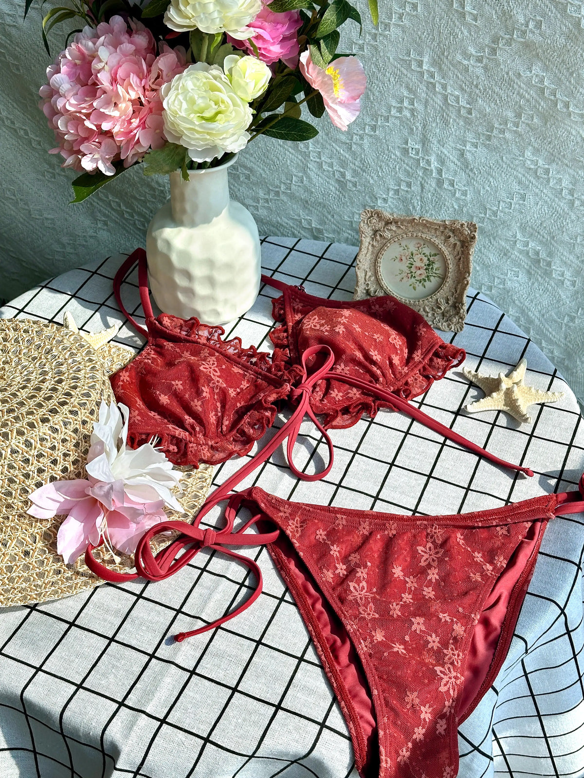 Capri Ruffle Front Tie Bikini Set - Merlot Red