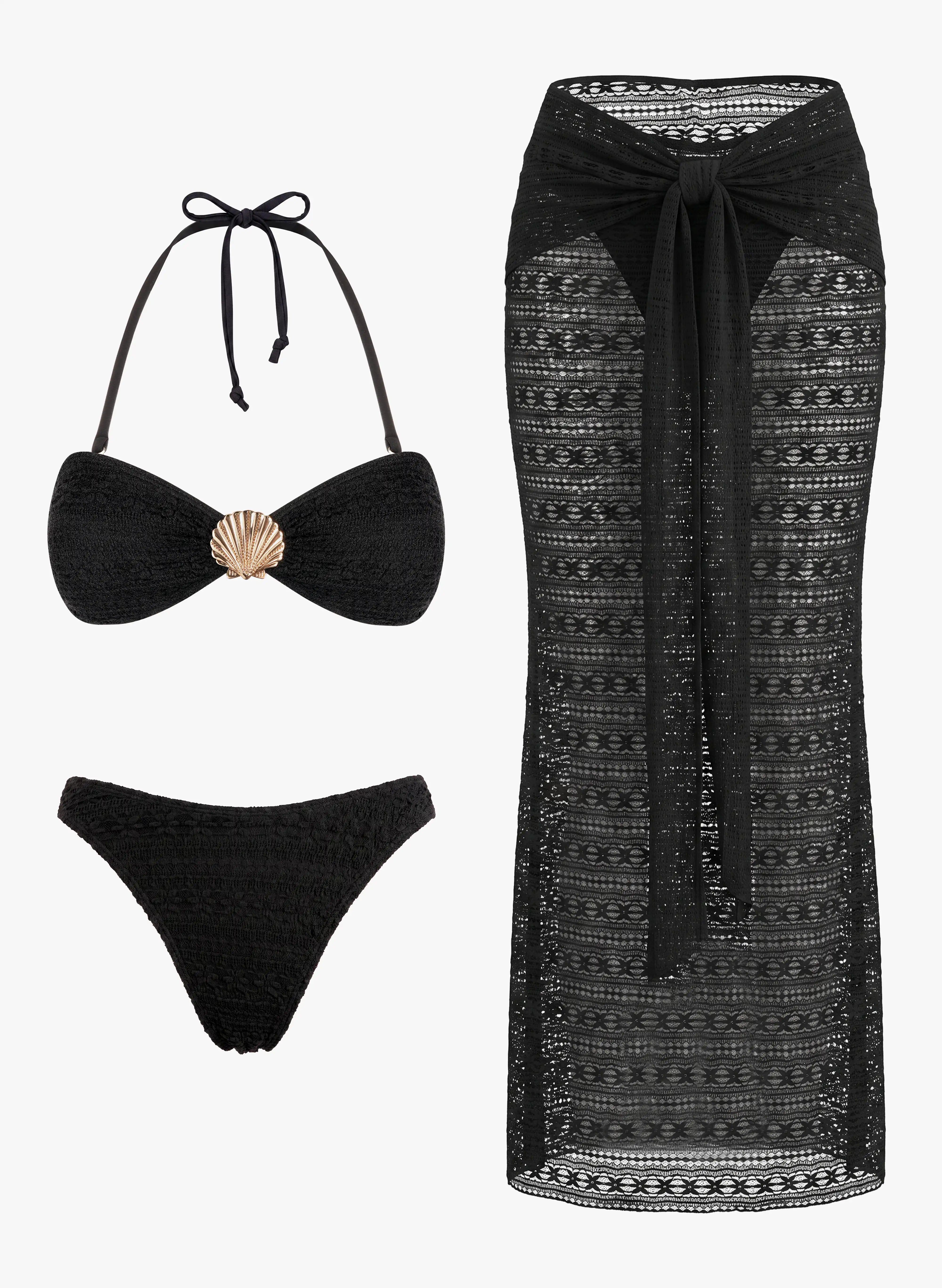 Capri Shell Halter Bikini Set With Crochet Wrap Skirt - Black