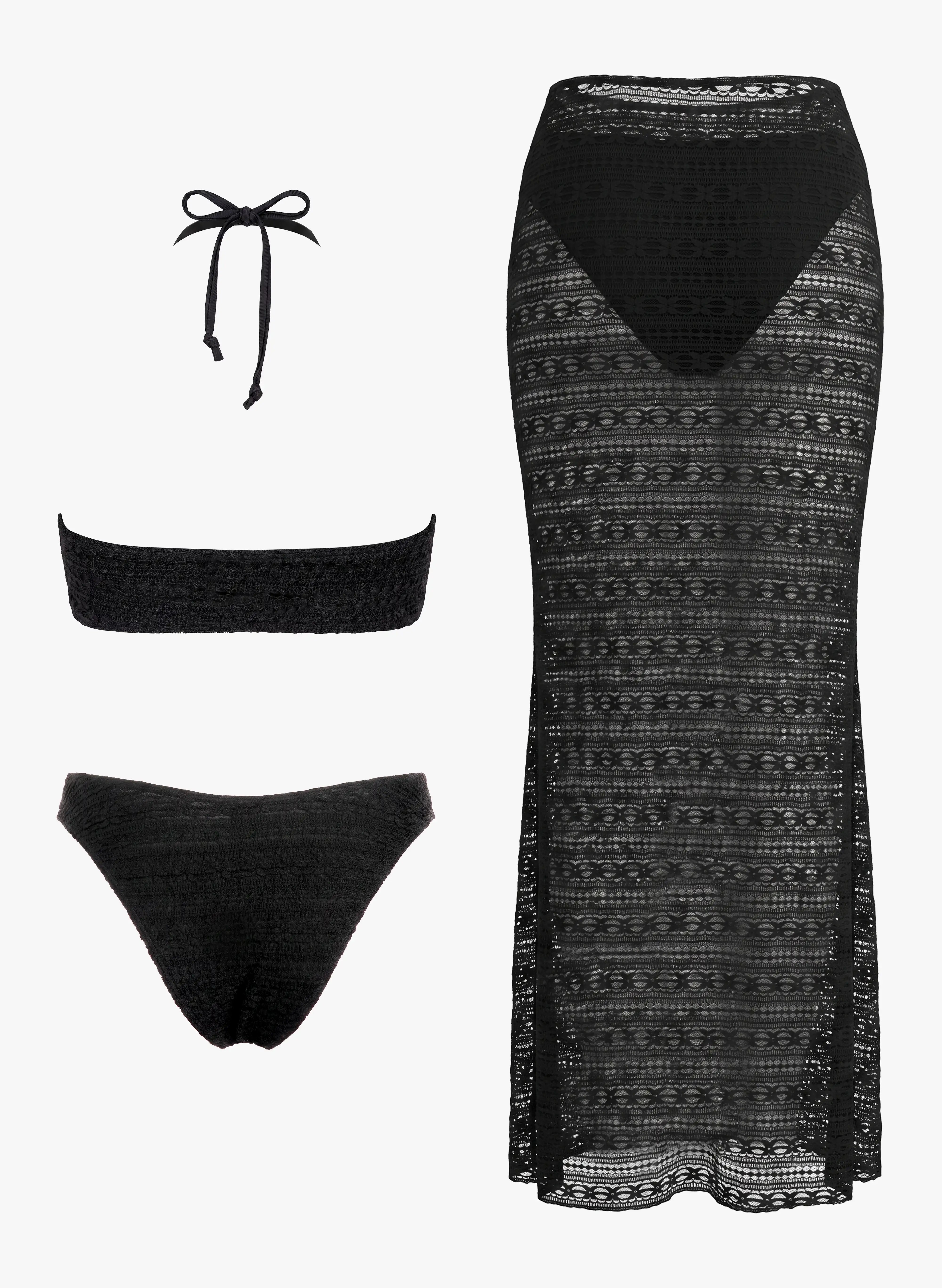 Capri Shell Halter Bikini Set With Crochet Wrap Skirt - Black