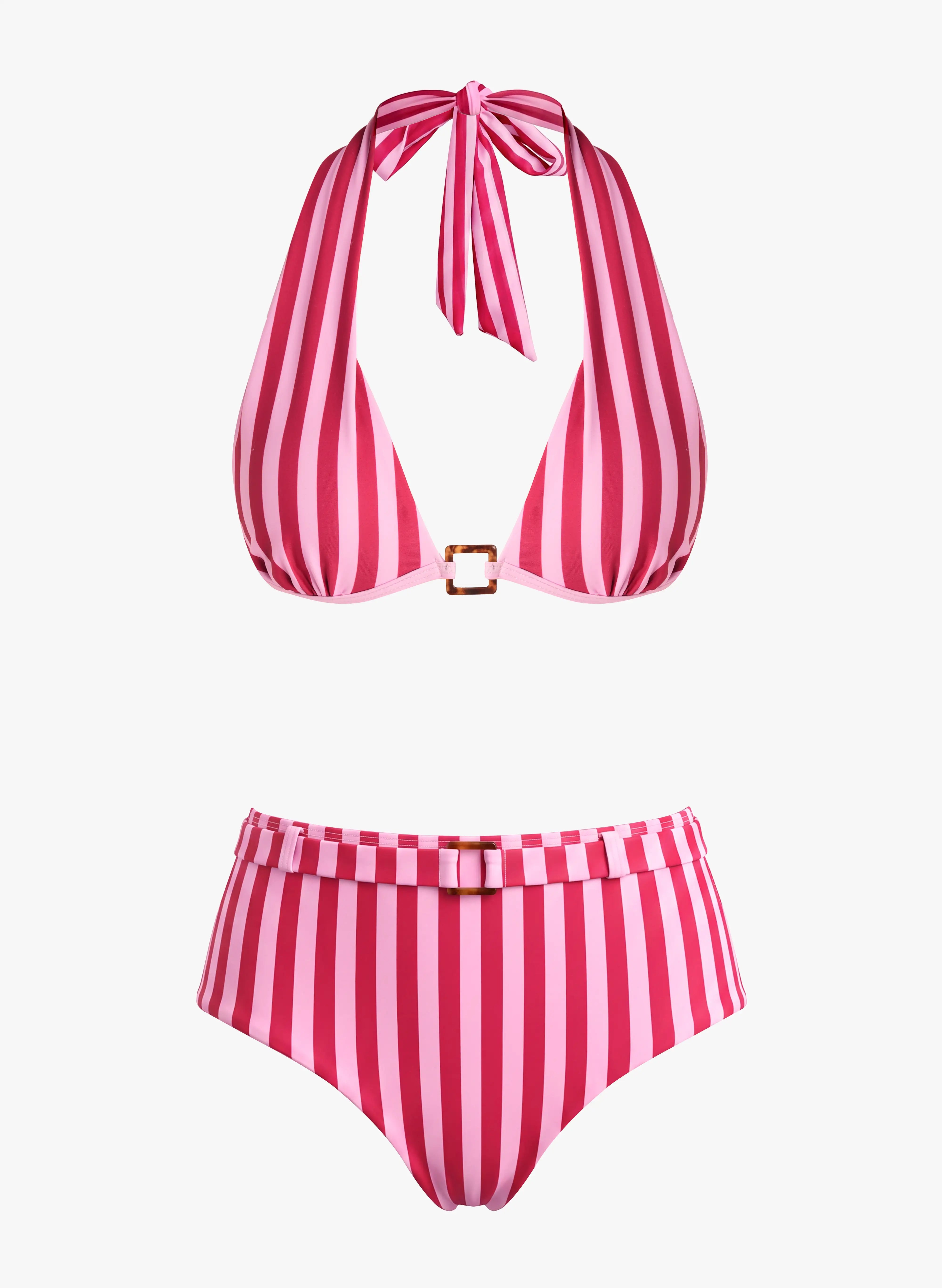 Capri Striped Halter High‑Waist Bikini Set - Pink