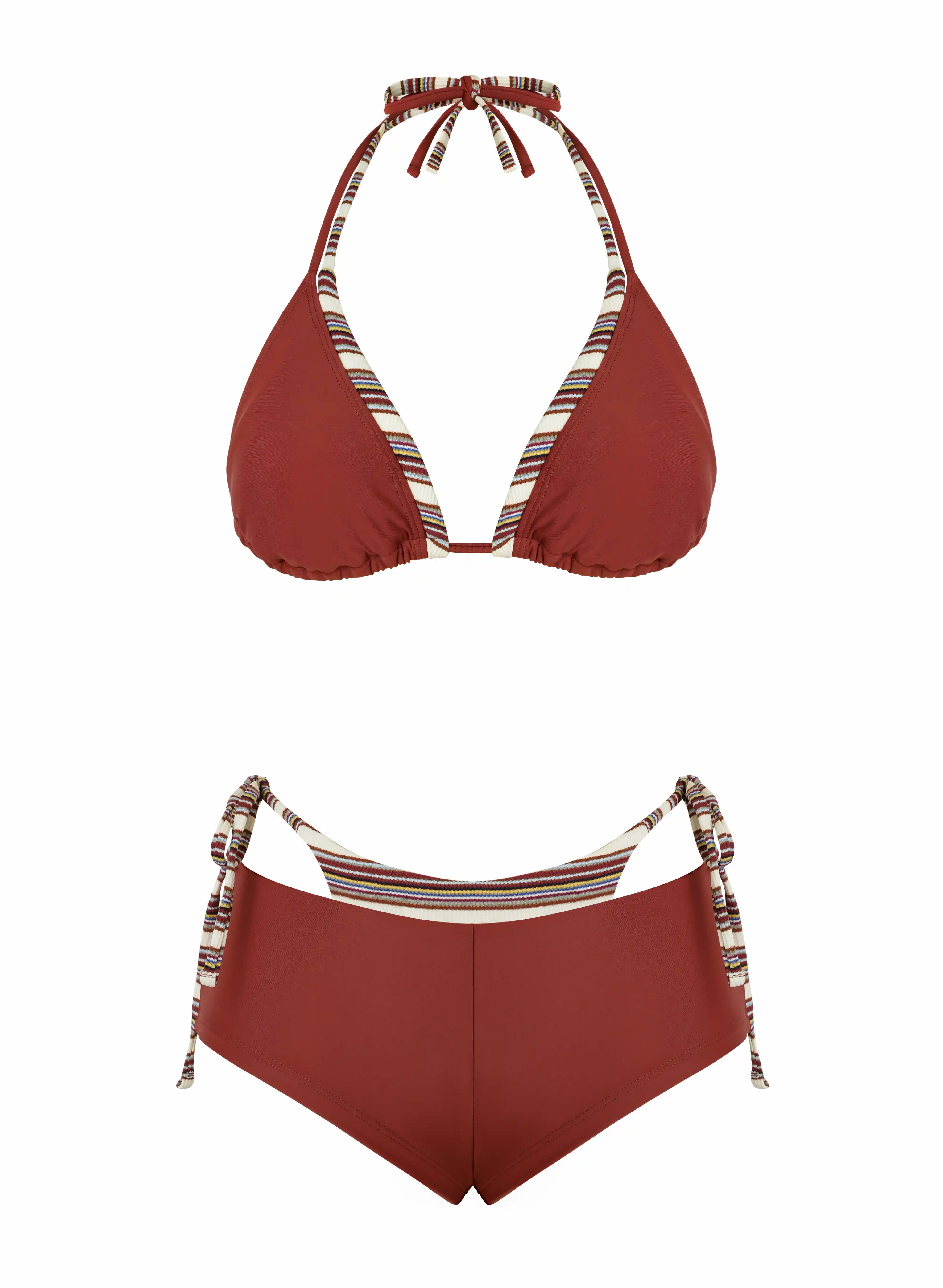 Catalina Striped Trim Halter Bikini Short Set - Rust Burgundy