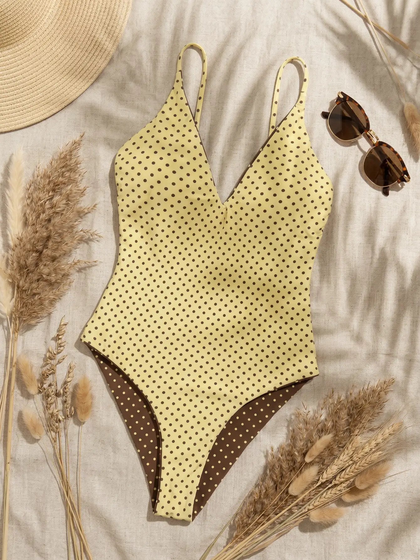 Coffee Polka Dot + Brown Yellow One-Piece Swimsuits