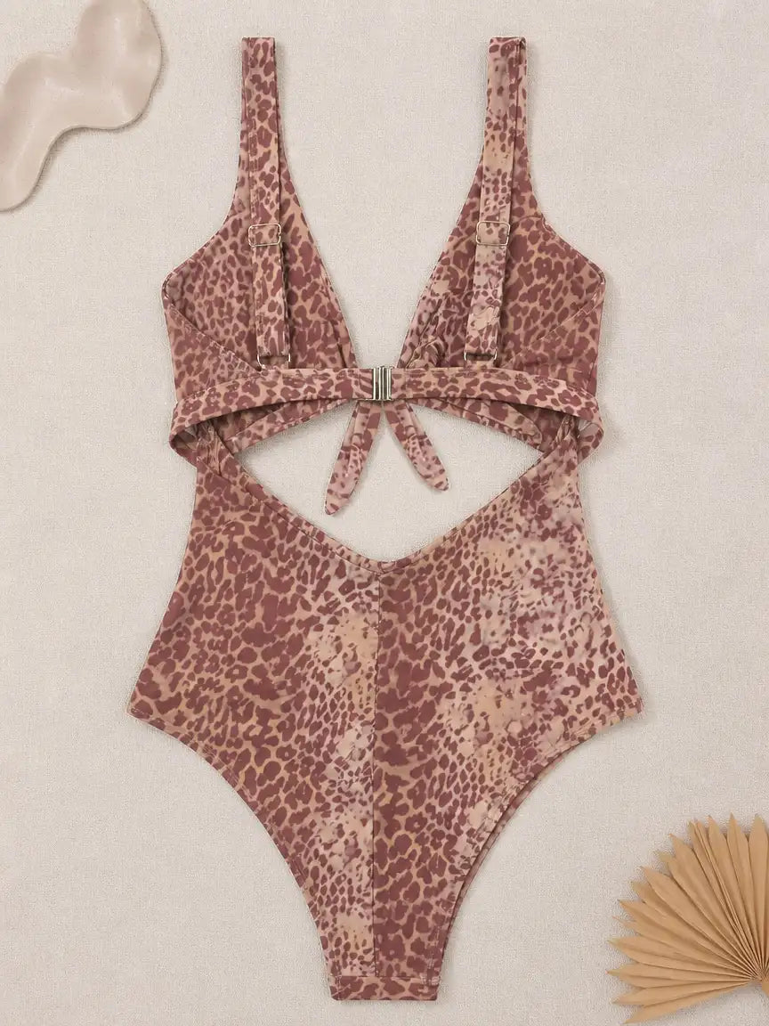 Corsica Leopard Tie Cutout One Piece Swimsuit - Dusty Mauve