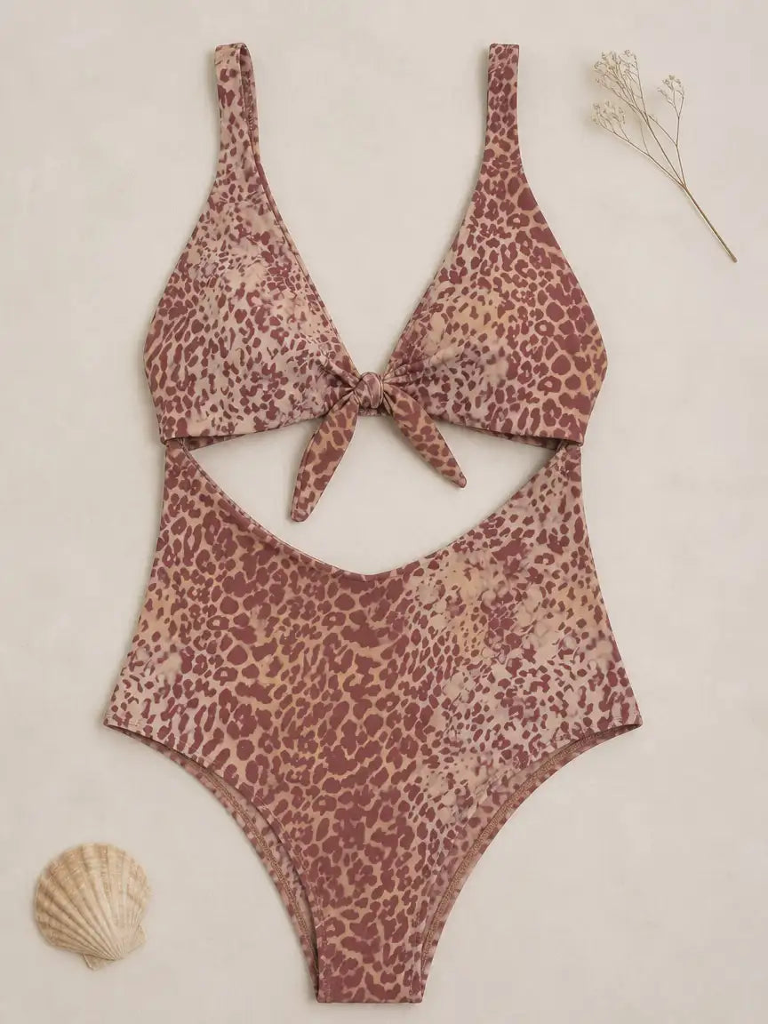 Corsica Leopard Tie Cutout One Piece Swimsuit - Dusty Mauve
