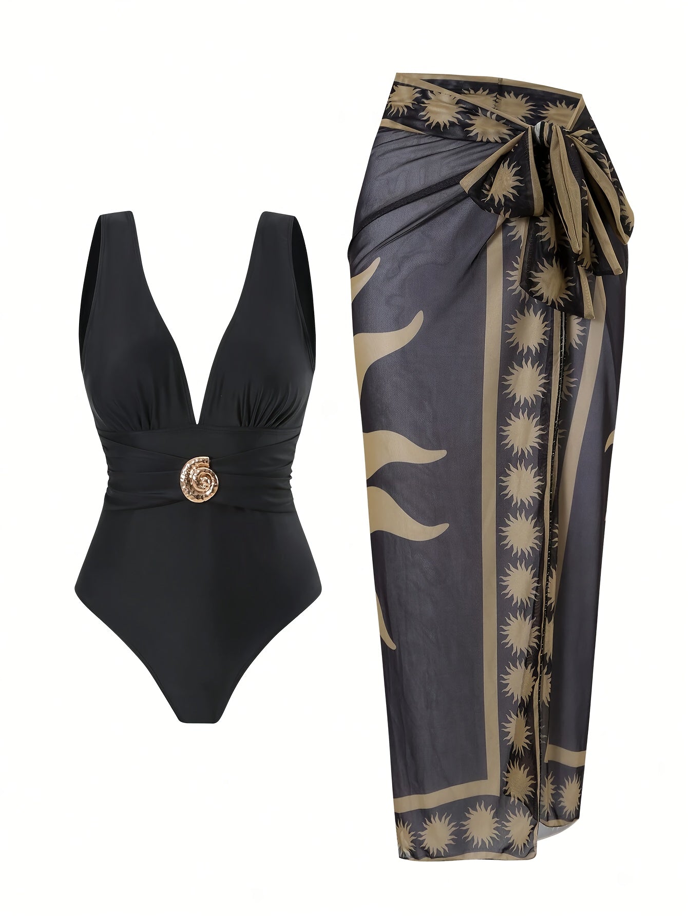 Deep V Neck One Piece Swimsuit and Mesh Printed Beach Cover Up Skirt Set | Beacheers