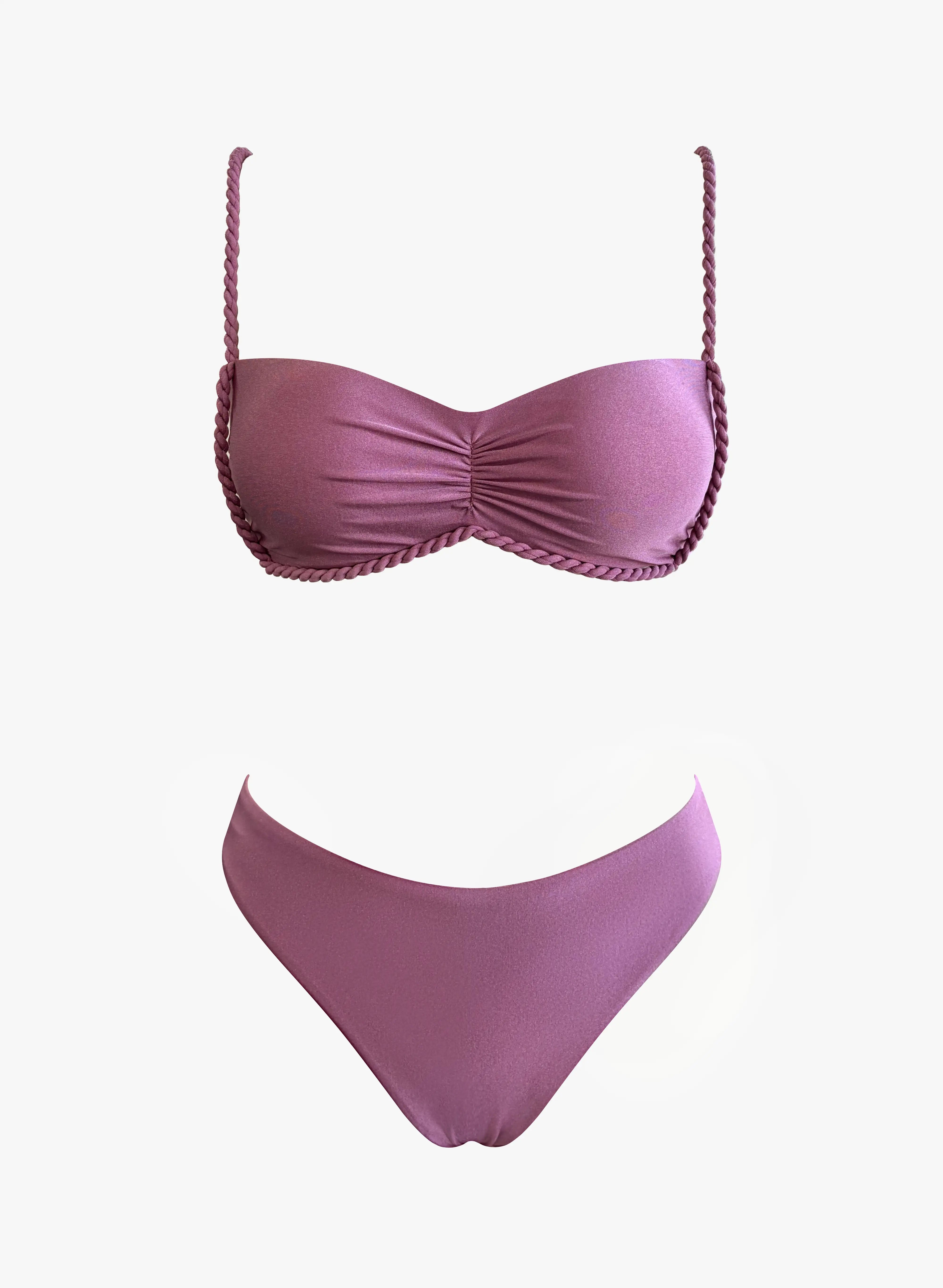 Dusty Mauve Shiny Fabric Twist Rope Strap Ruched Bikini Set