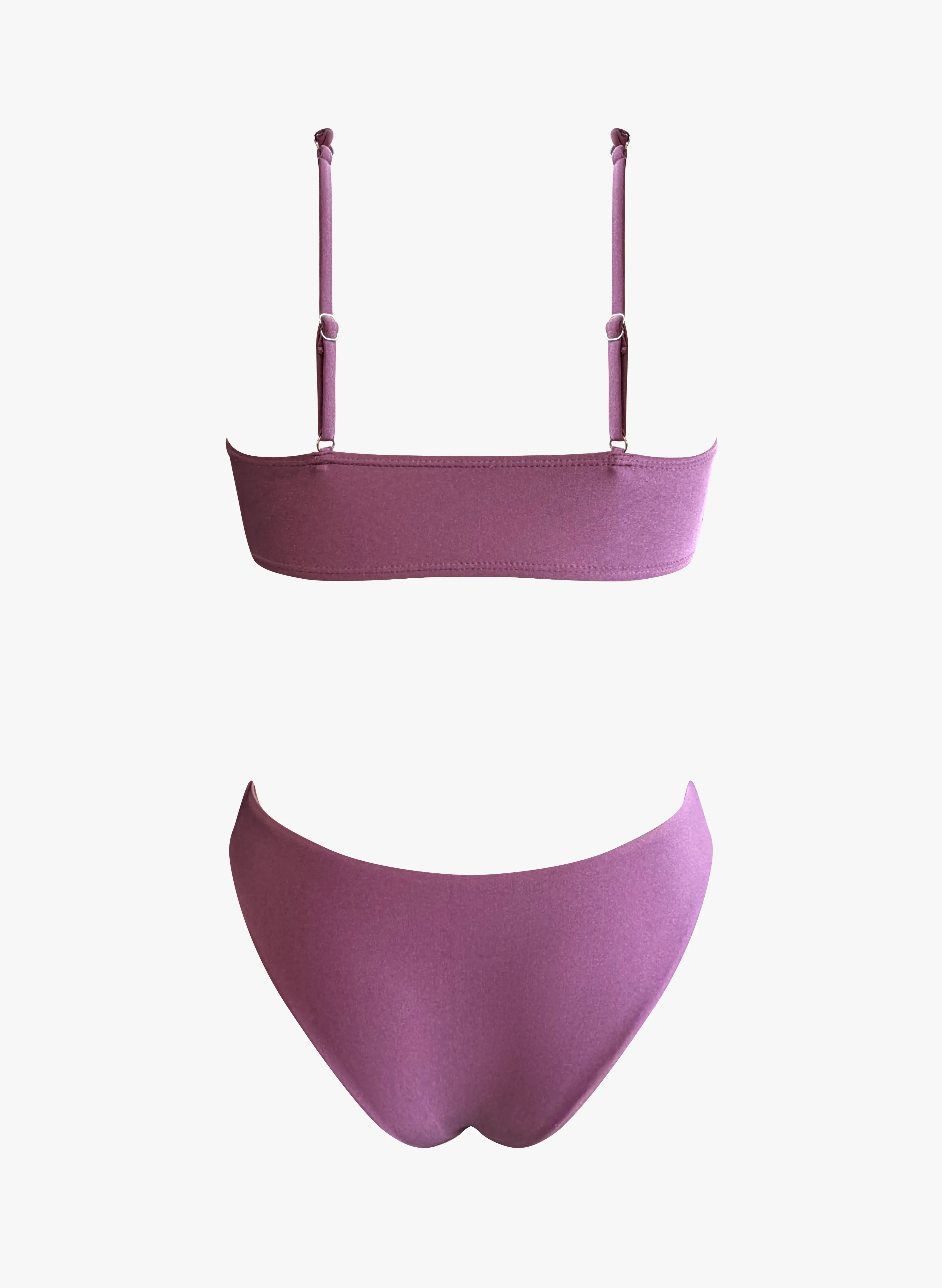 Dusty Mauve Shiny Fabric Twist Rope Strap Ruched Bikini Set