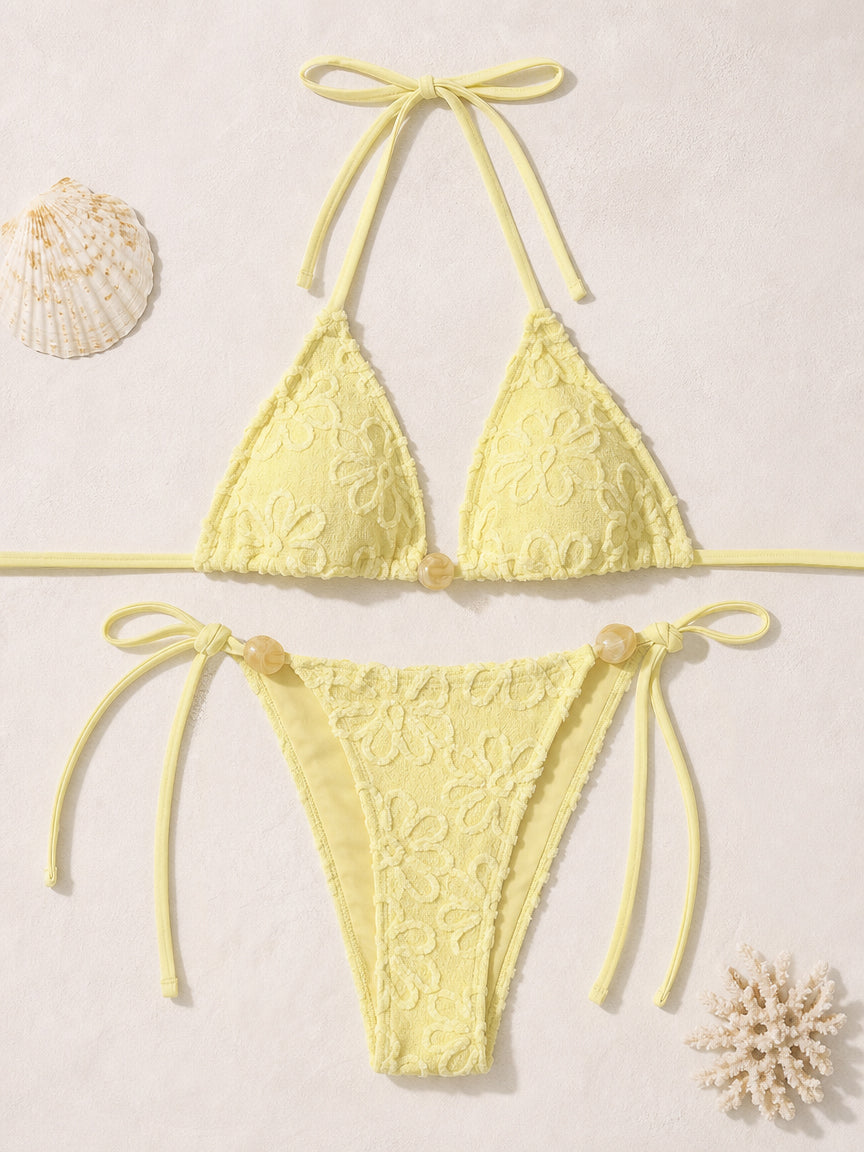 Floral Fabric High Cut Tie Side Bikini Set