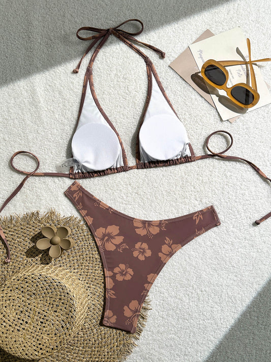 Floral Print Backless Triangle Top High Leg Bikini Set | Beacheers