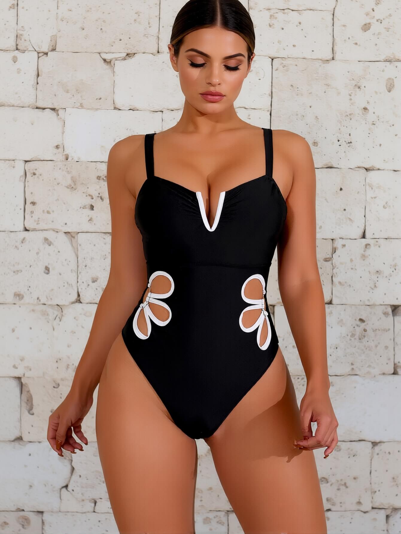 Flower Hollow Side Cutout One Piece Swimsuit | Beacheers