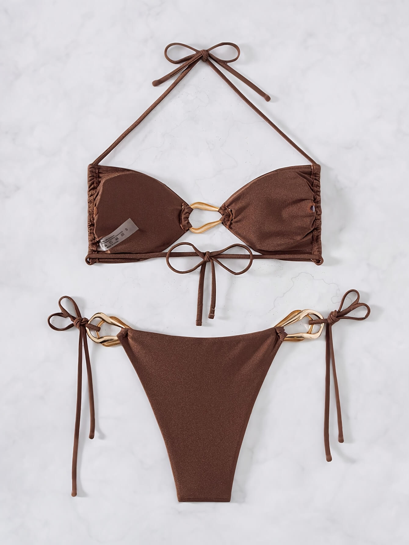 Gold Metal Hardware Halter Side Tie Two Piece Swimsuit | Beacheers