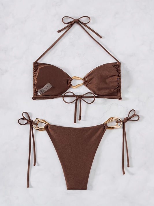 Gold Metal Hardware Halter Side Tie Two Piece Swimsuit | Beacheers