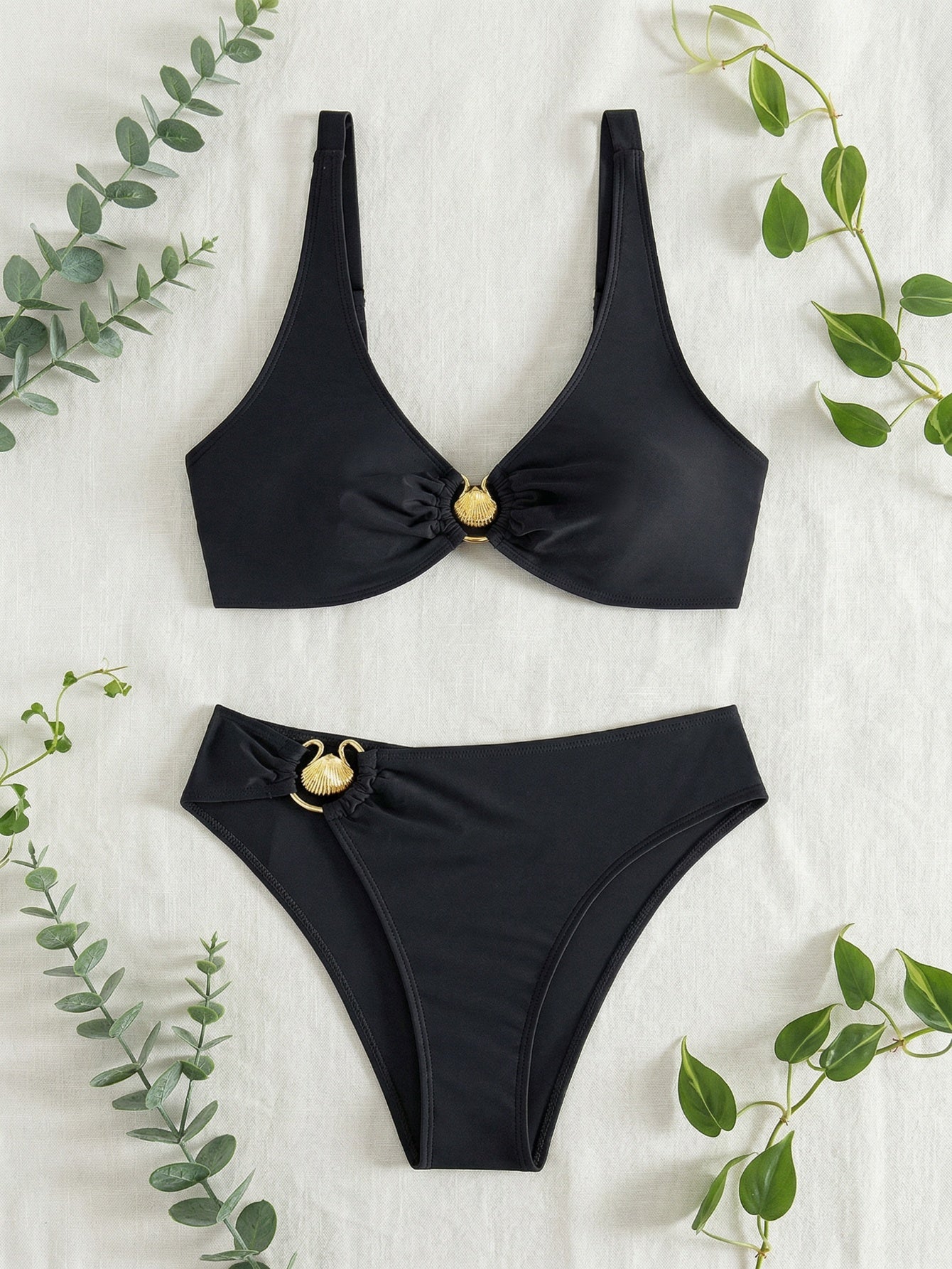 Gold Shell Ring Decor Solid Color 2 Piece Bikini Set | Beacheers