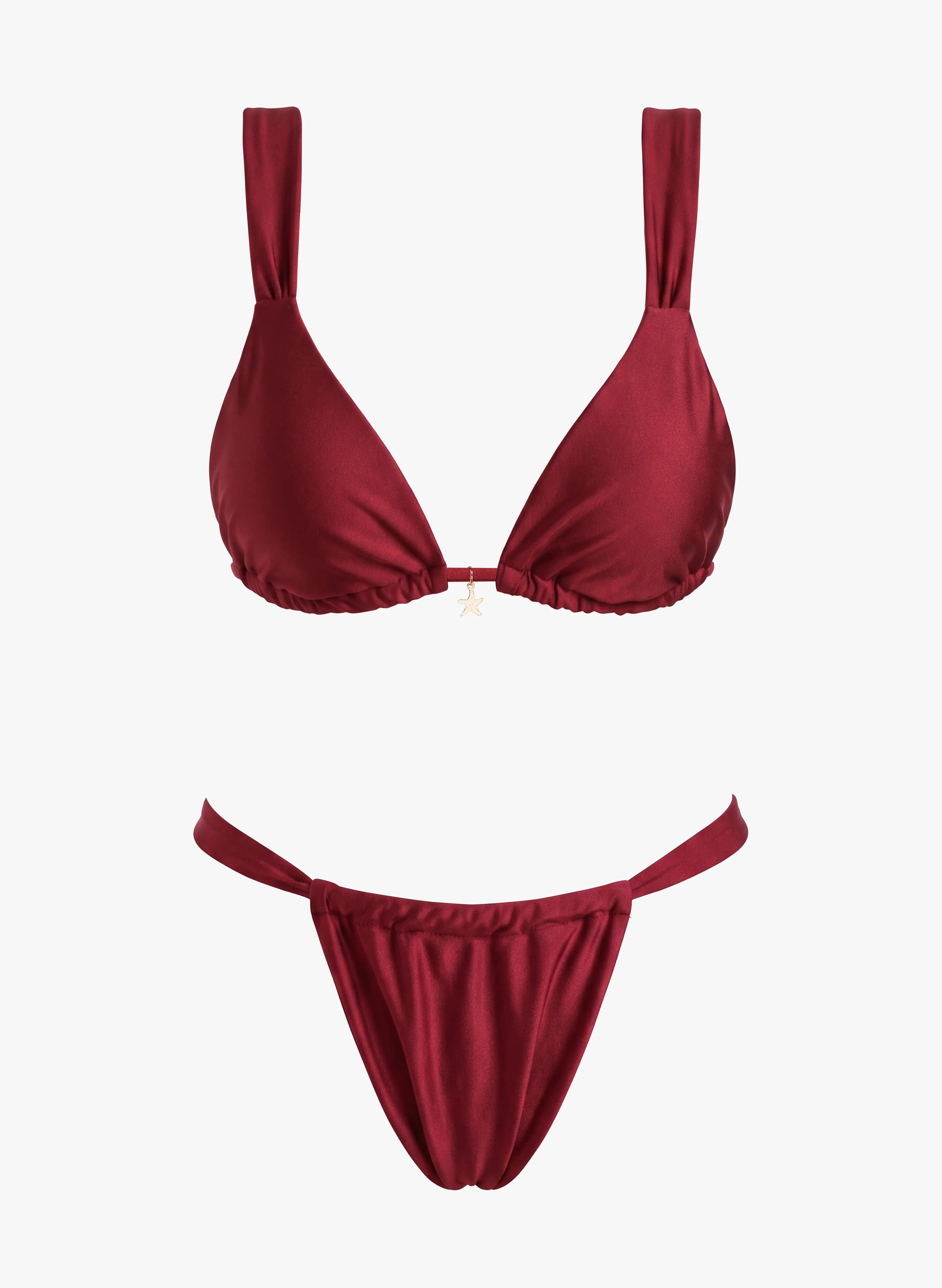 Ibiza Star‑Charm Adjustable Triangle Bikini Set‑Burgundy Red