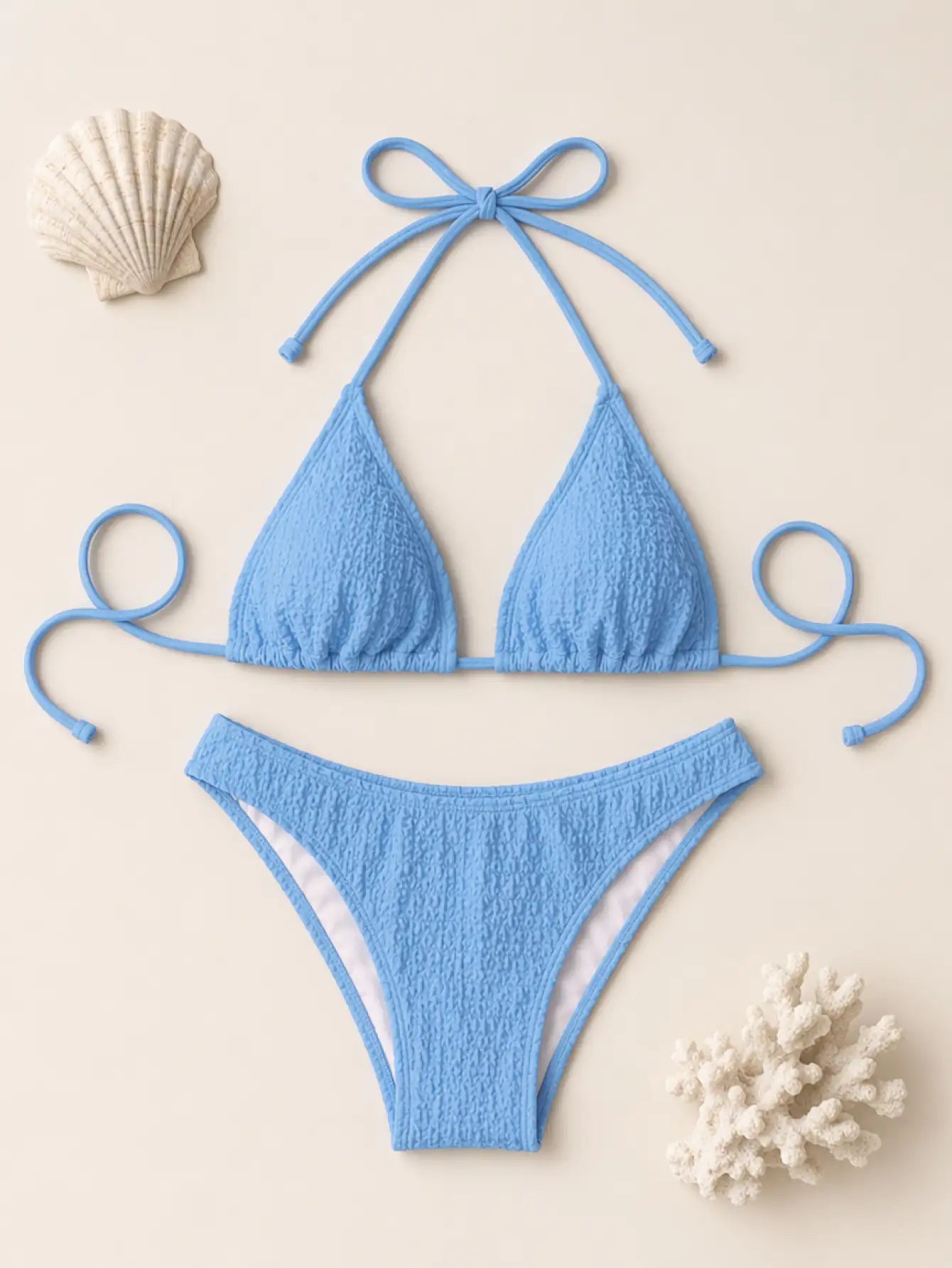 Ibiza Textured Halter Triangle Bikini Set - Sky Blue