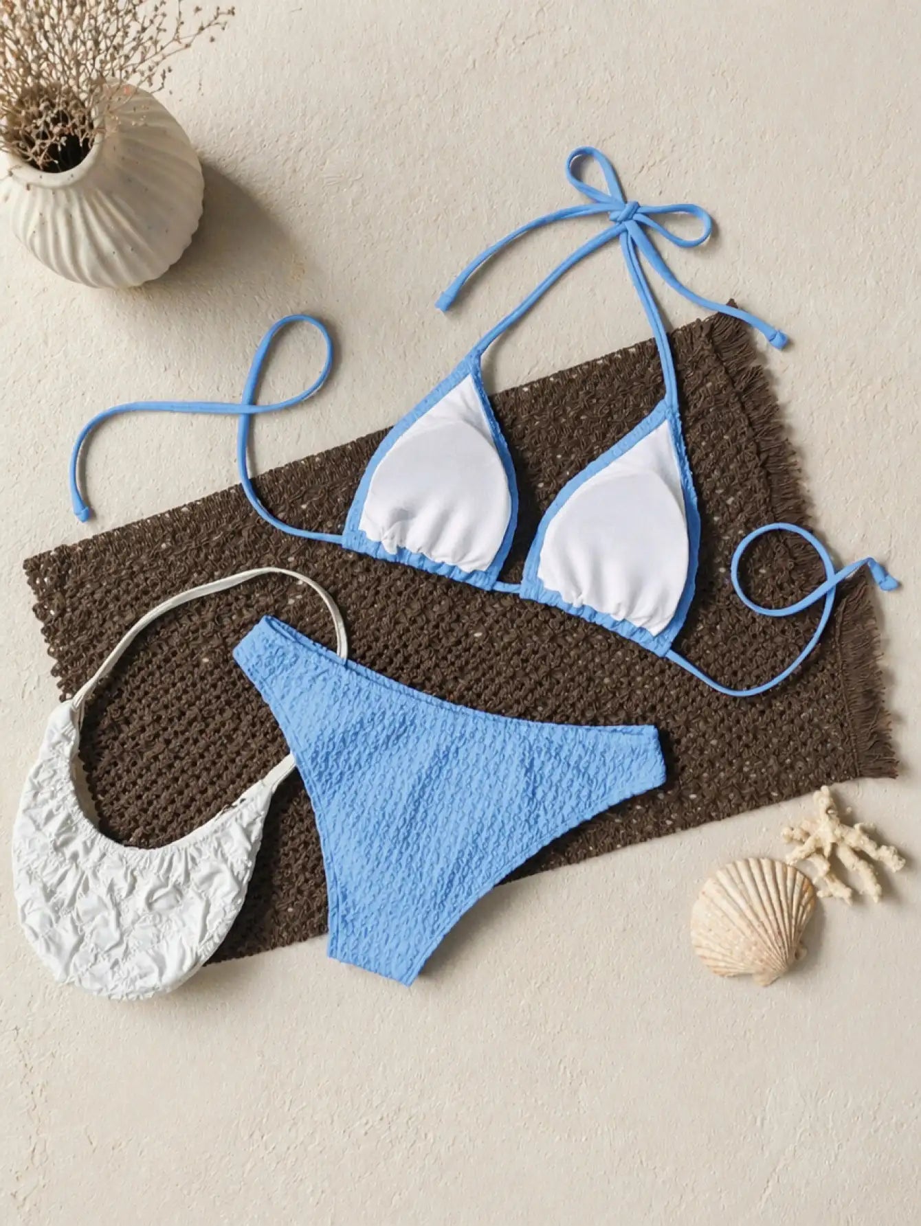 Ibiza Textured Halter Triangle Bikini Set - Sky Blue