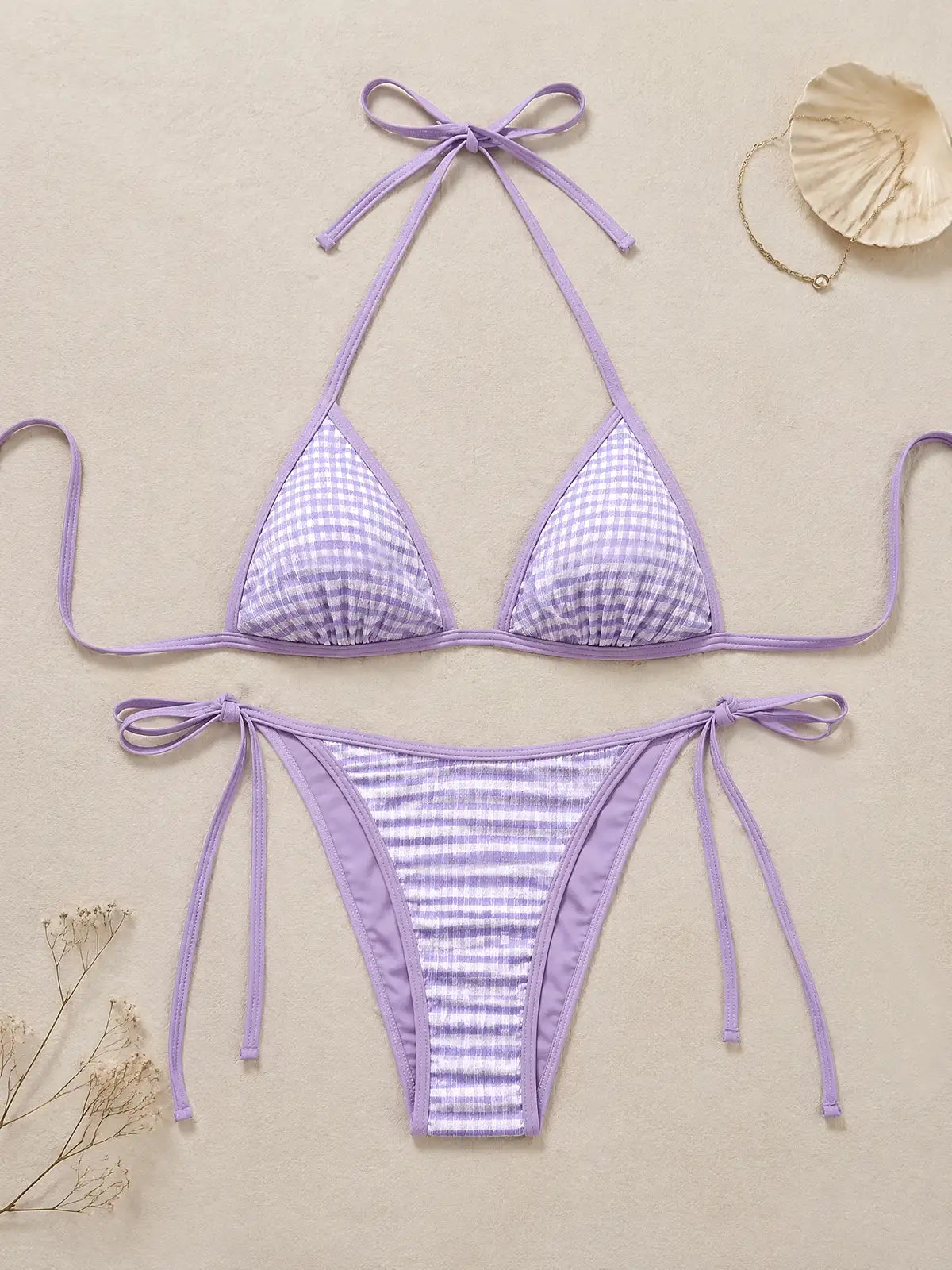 Lavender Gingham Reversible Tie Side Triangle Bikini Set