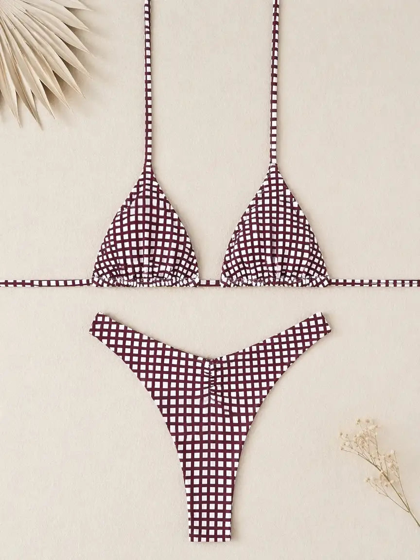 Malibu Gingham Triangle Cheeky Bikini Set - Burgundy Grid