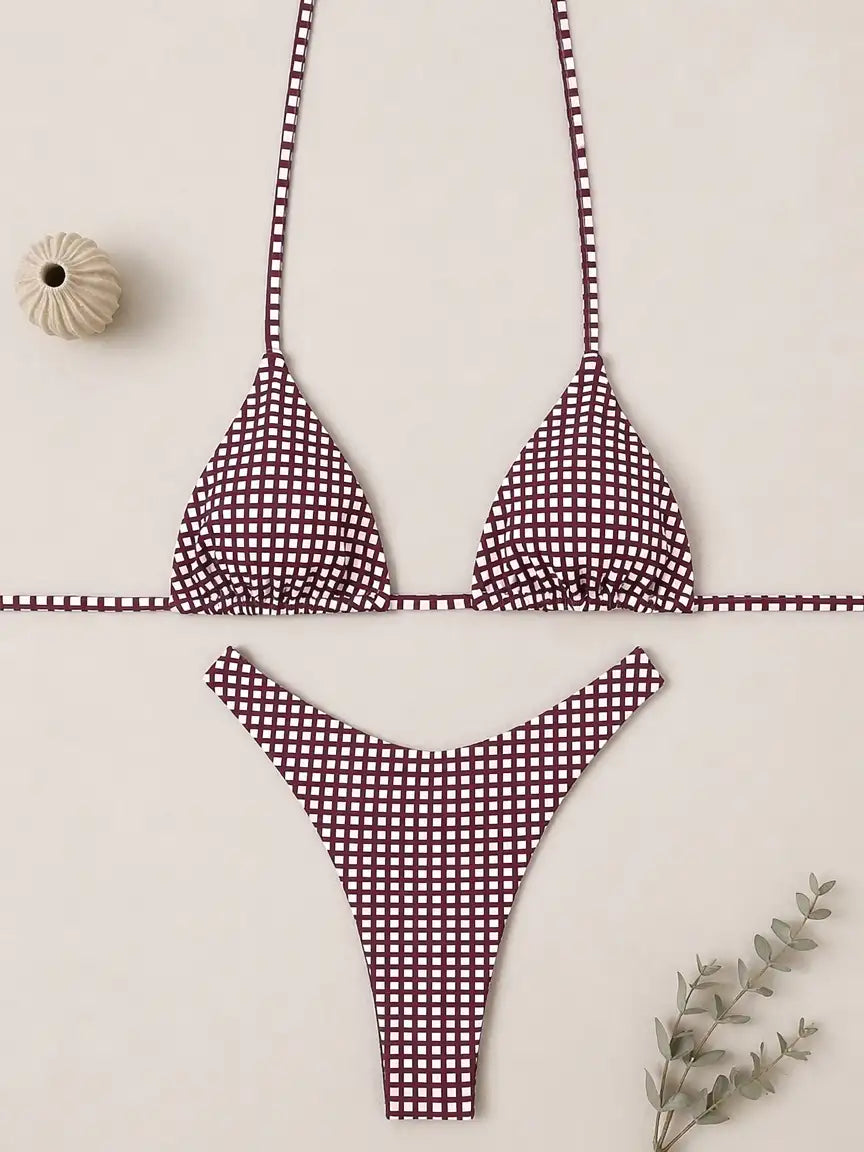 Malibu Gingham Triangle Cheeky Bikini Set - Burgundy Grid