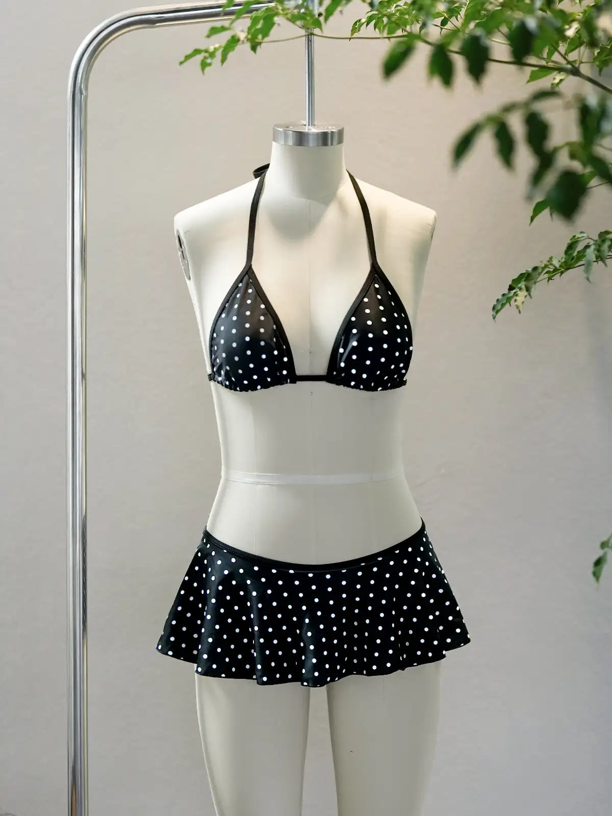 Malibu Polka Dot Triangle Bikini Skirt Set - Black