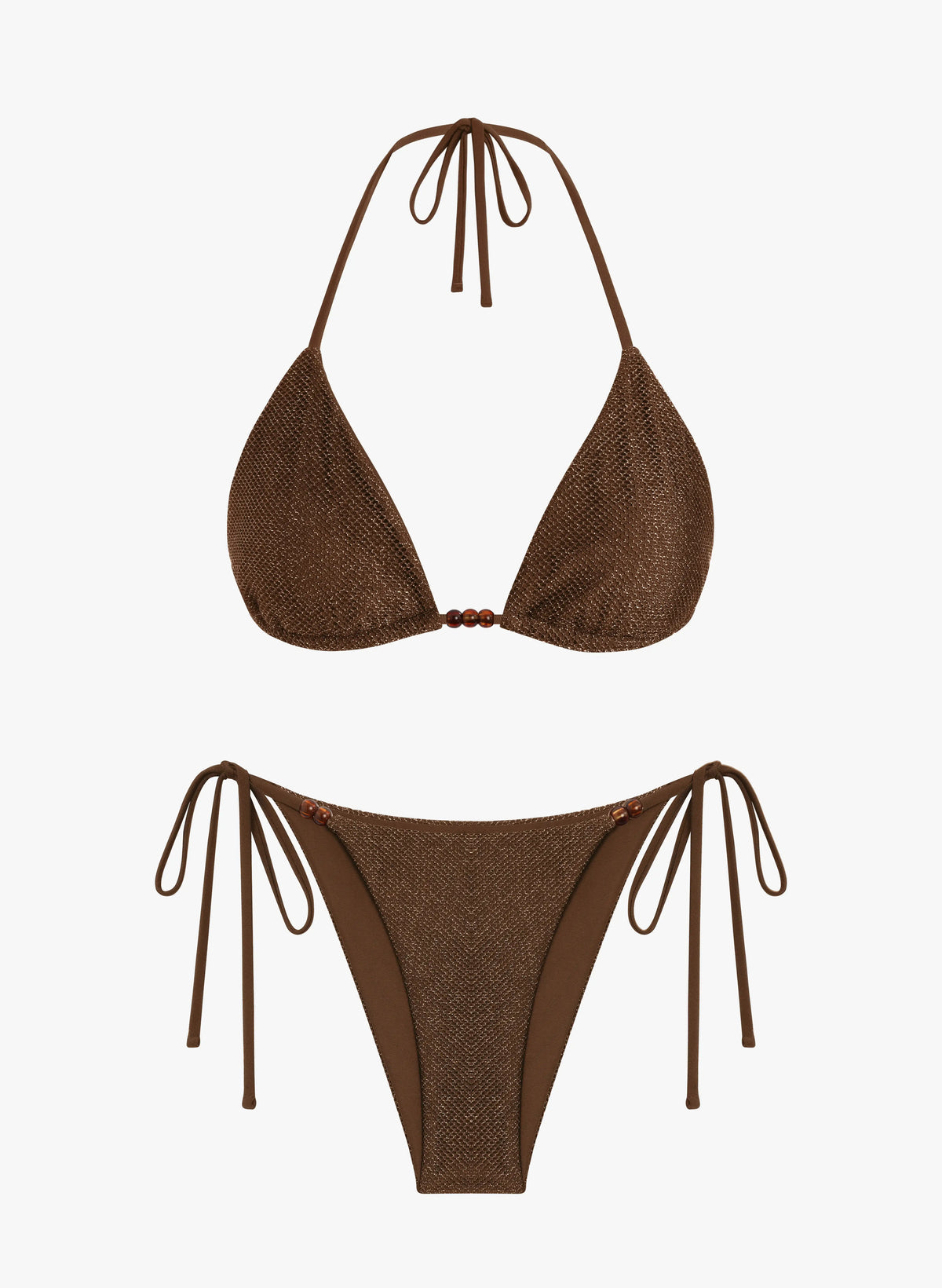 Mallorca Crinkle Beaded Triangle Bikini Set - Brown