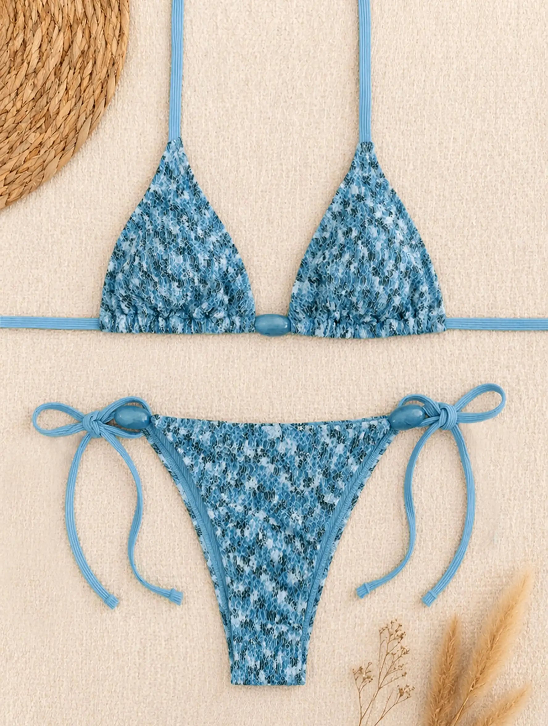 Miami Ditsy Beaded Tie Bikini Set - Ocean Blue